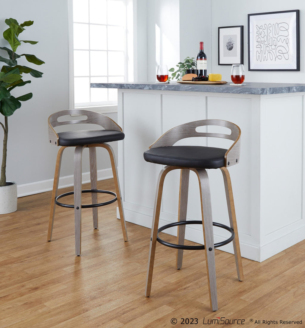 Cassis 30" Fixed-Height Barstool - Set of 2 - Light Grey Wood, Black PU, Black Metal