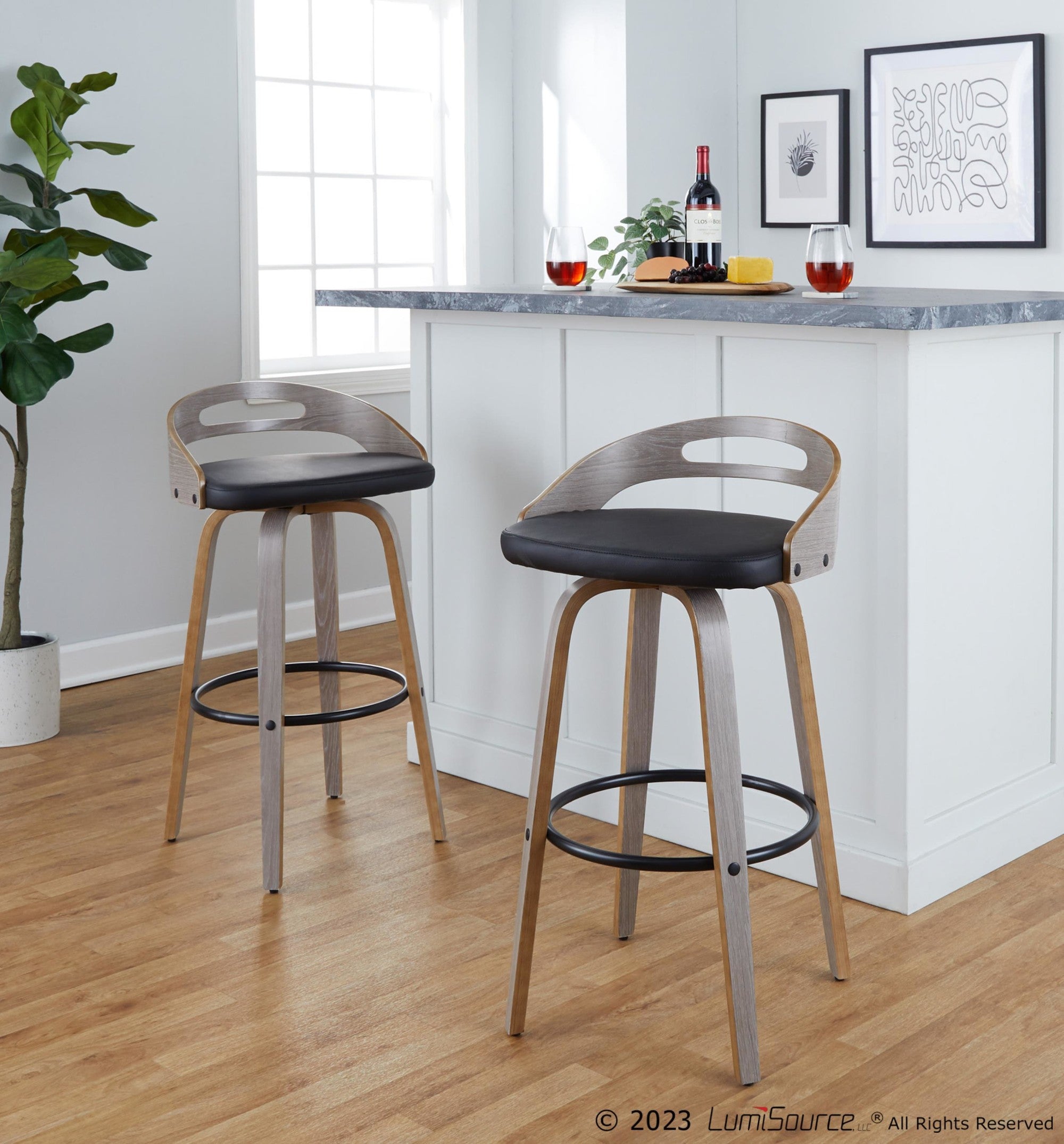 Cassis 30" Fixed-Height Barstool - Set of 2 - Light Grey Wood, Black PU, Black Metal