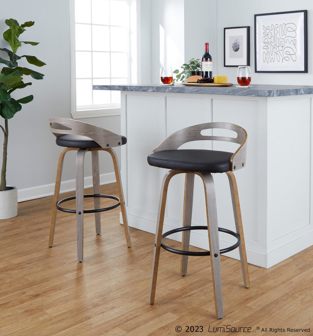 Cassis 30" Fixed-Height Barstool - Set of 2 - Light Grey Wood, Black PU, Black Metal
