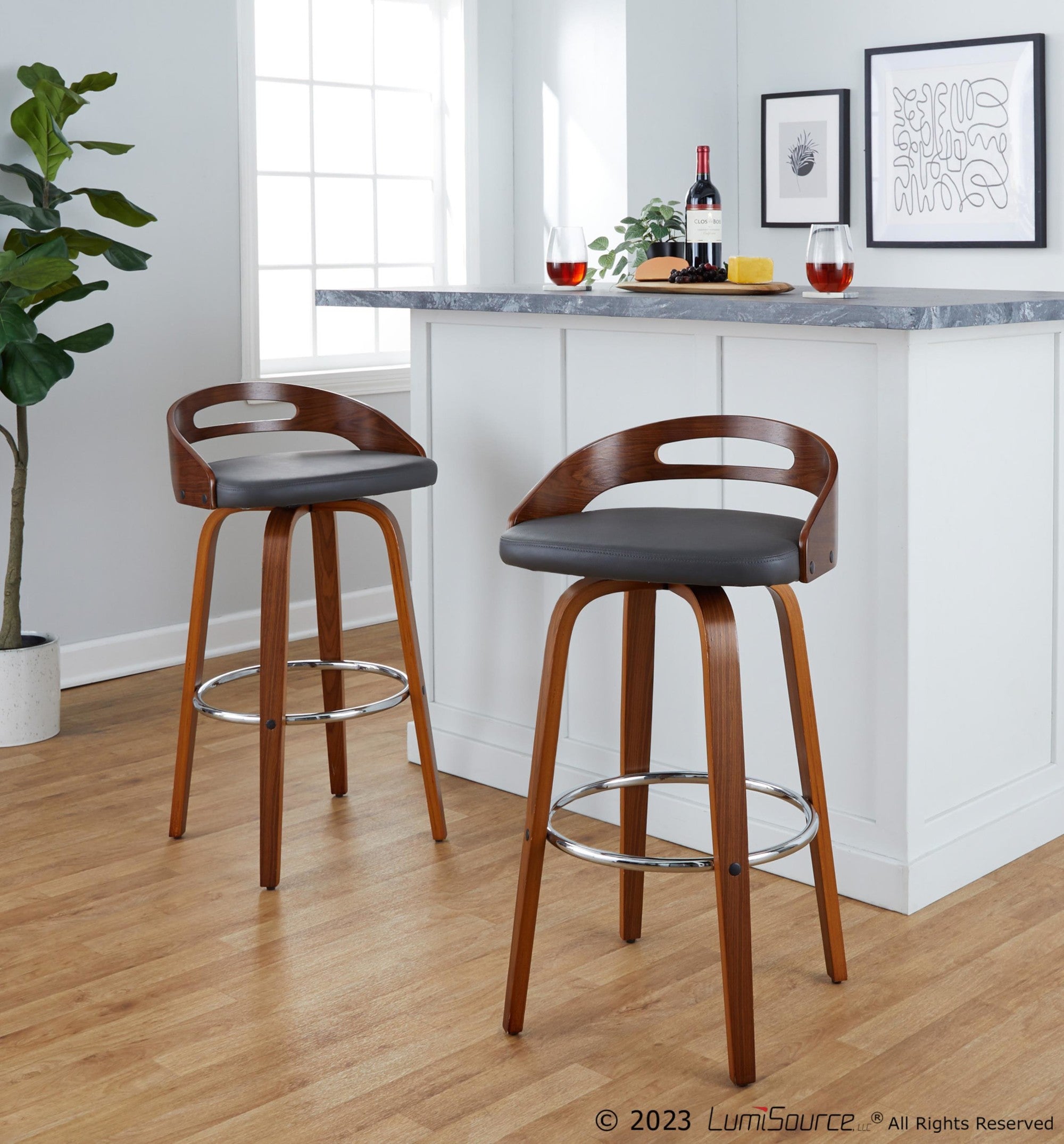 Cassis 30" Fixed-Height Barstool - Set of 2 - Walnut Wood, Grey PU, Chrome Metal