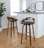 Cassis 30" Fixed-Height Barstool - Set of 2 - Walnut Wood, Grey PU, Chrome Metal