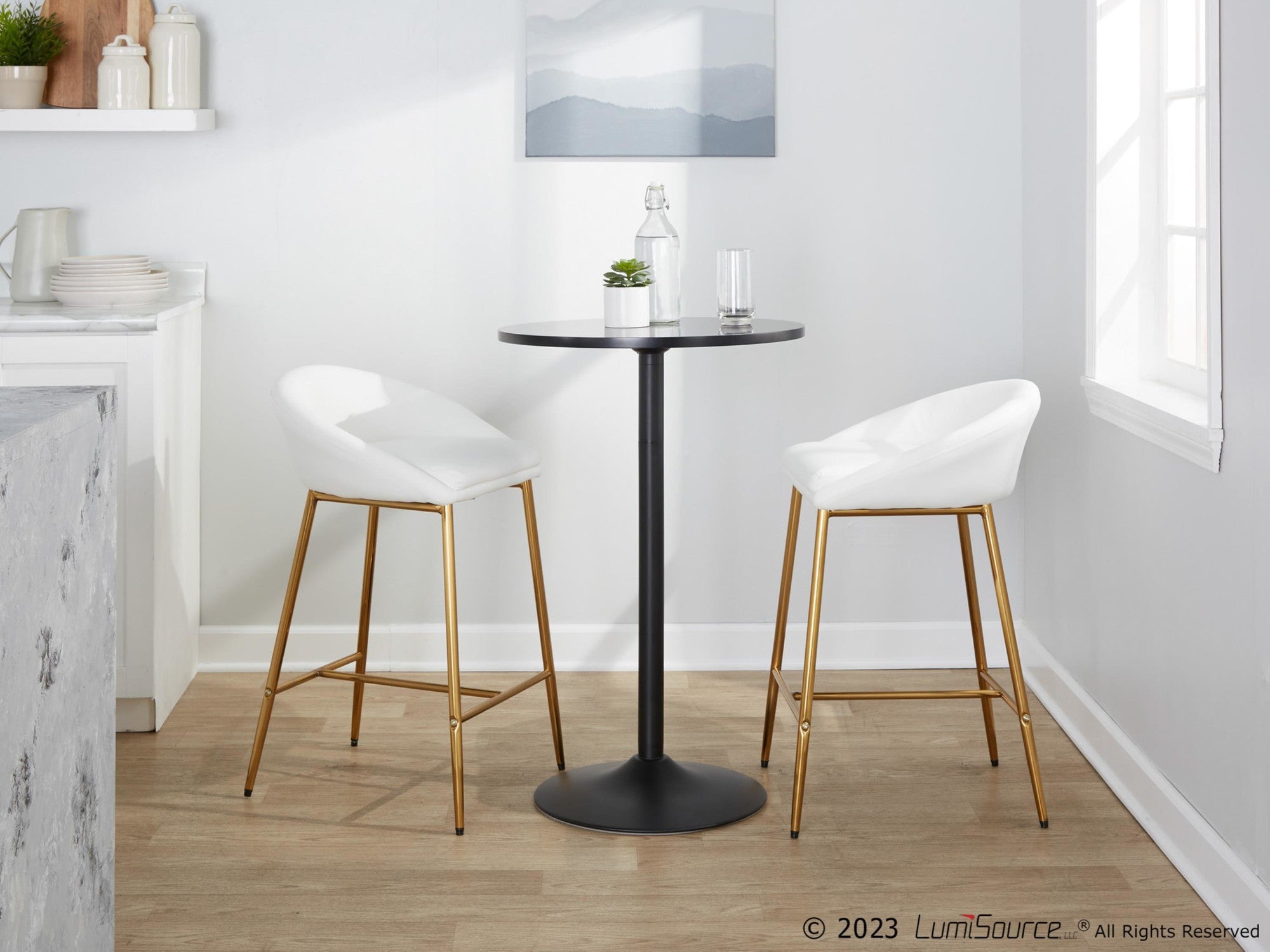 Matisse 26" Fixed-Height Counter Stool - Set of 2 - Gold Metal, White PU