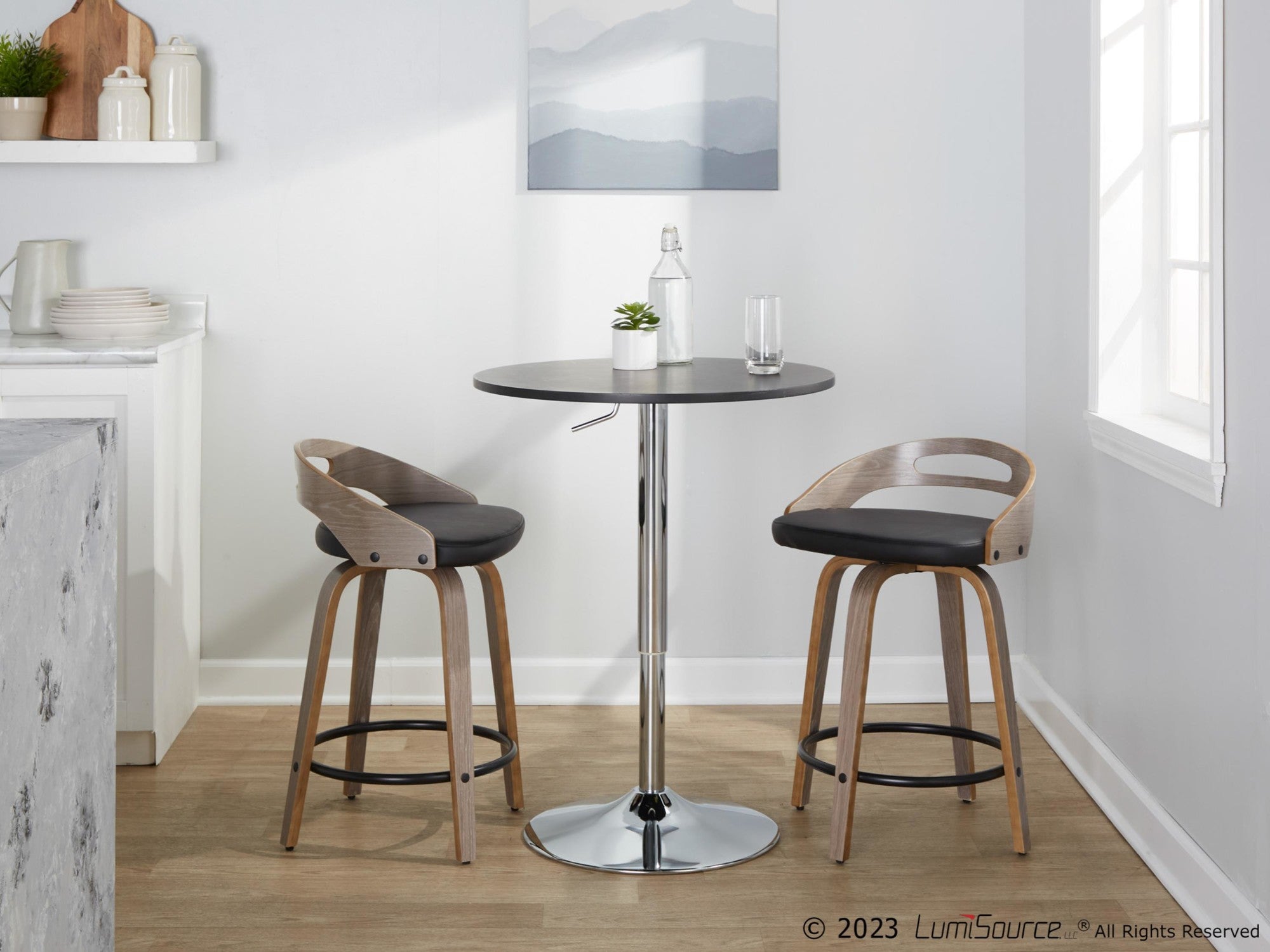 Cassis 24" Fixed-Height Counter Stool - Set of 2 - Light Grey Wood, Black PU, Black Metal