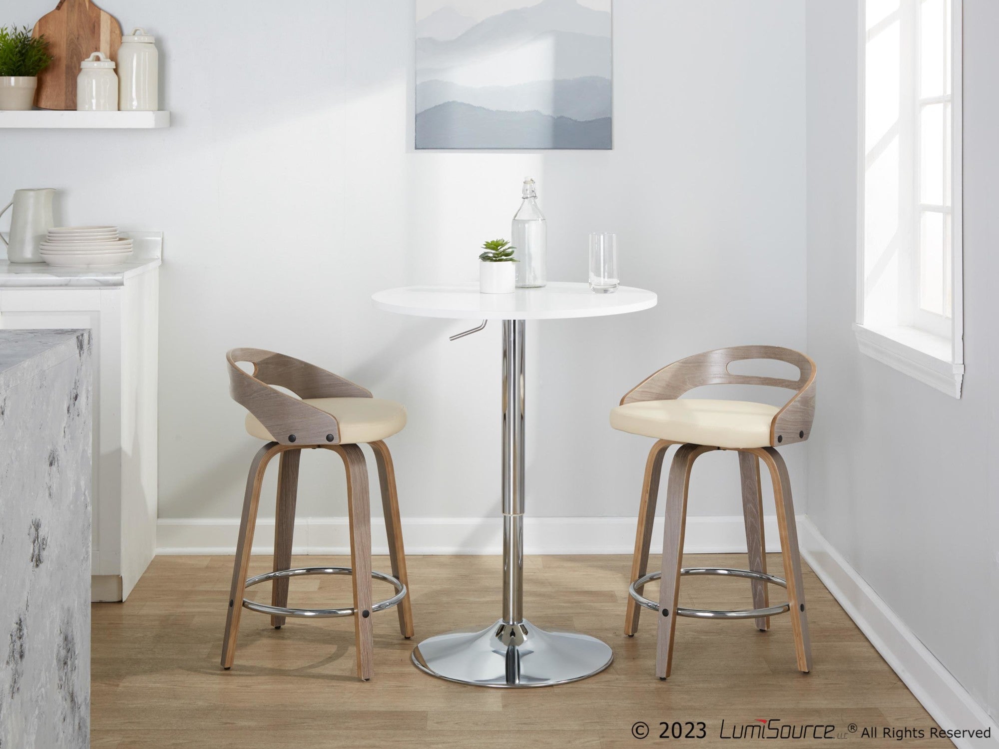 Cassis 24" Fixed-Height Counter Stool - Set of 2 - Light Grey Wood, Cream PU, Chrome Metal