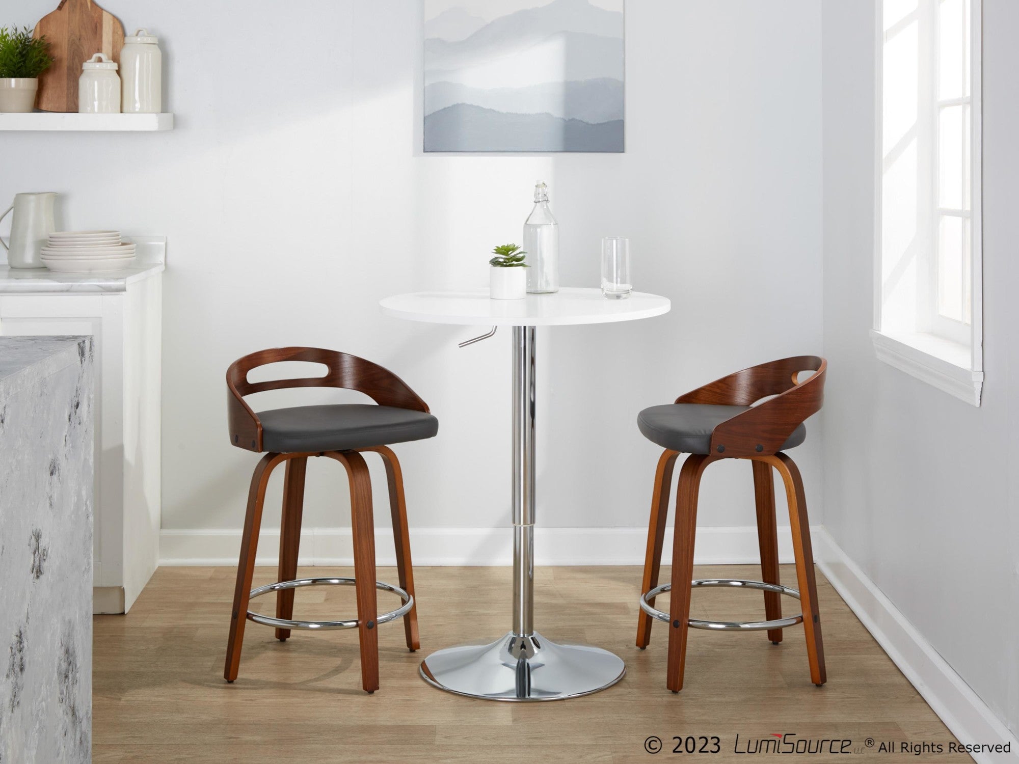 Cassis 24" Fixed-Height Counter Stool - Set of 2 - Walnut Wood, Grey PU, Chrome Metal