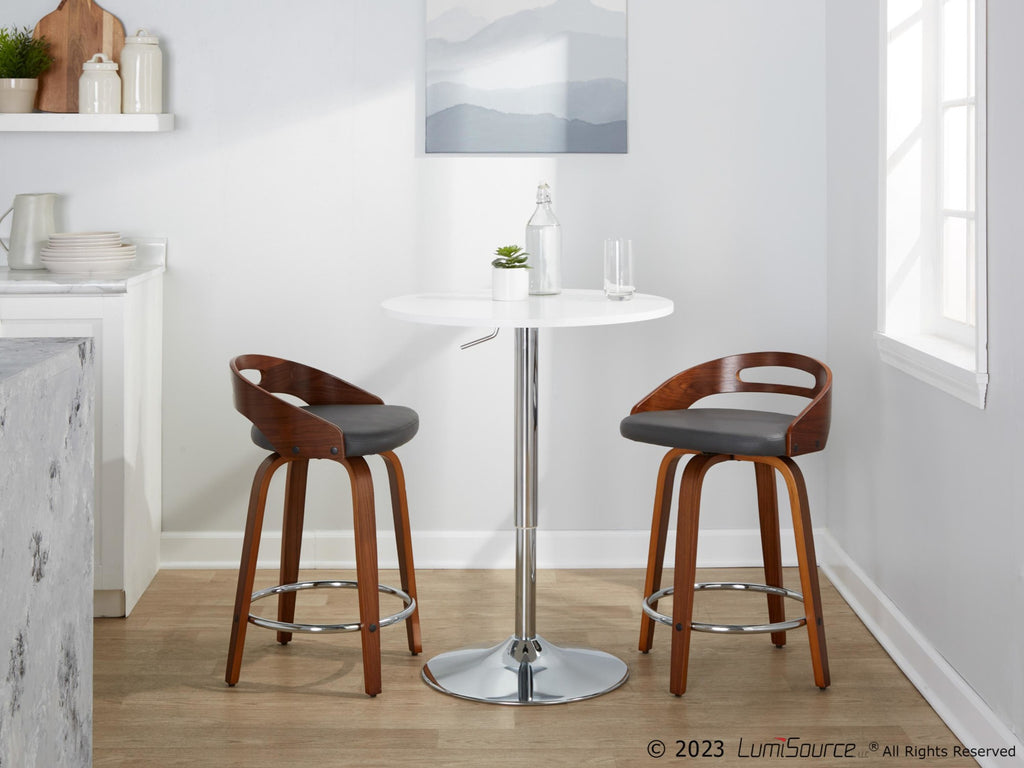 Cassis 24" Fixed-Height Counter Stool - Set of 2 - Walnut Wood, Grey PU, Chrome Metal
