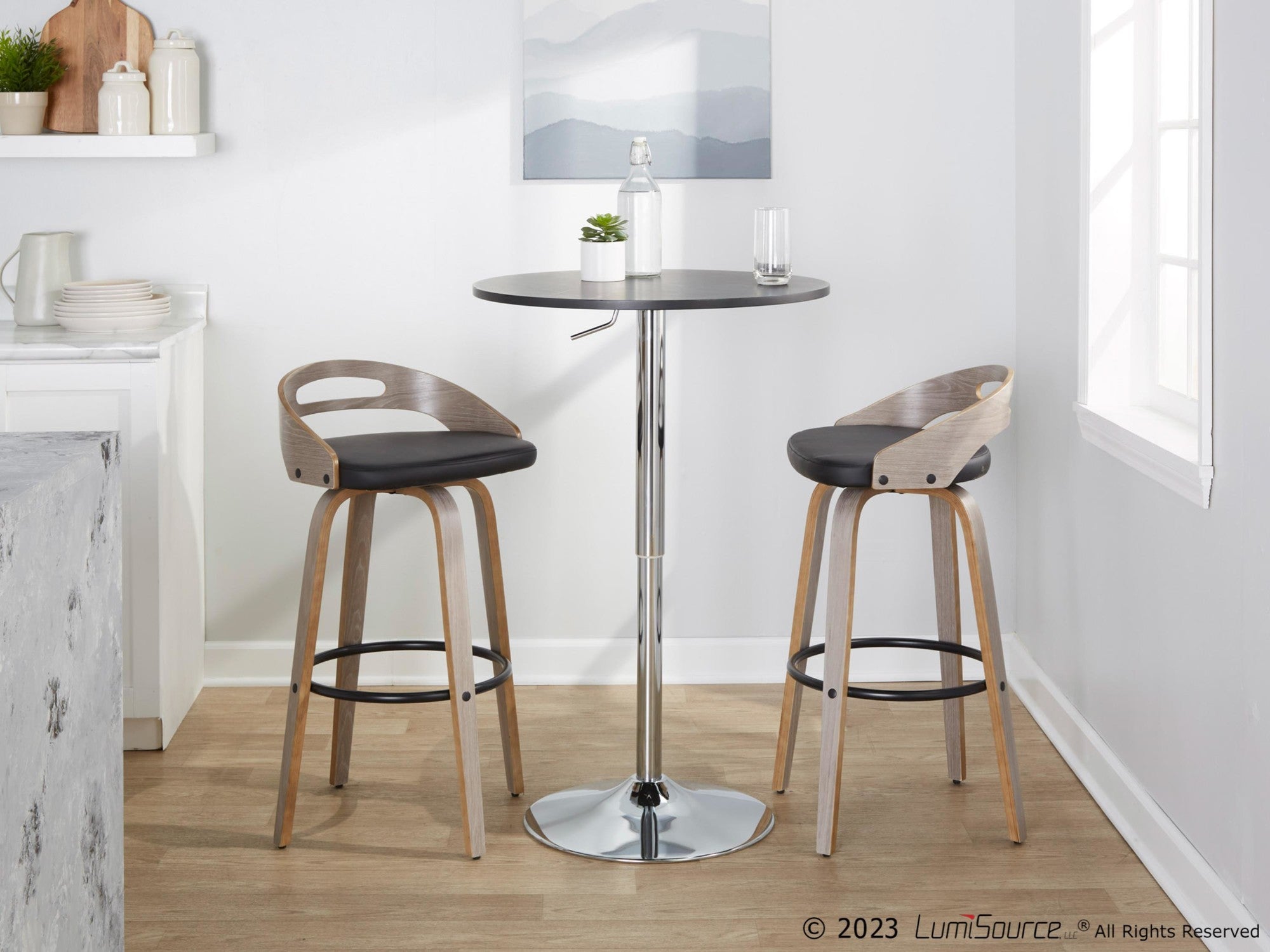 Cassis 30" Fixed-Height Barstool - Set of 2 - Light Grey Wood, Black PU, Black Metal