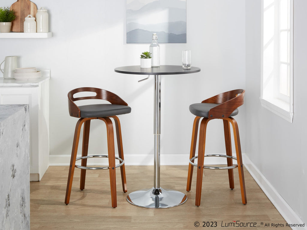 Cassis 30" Fixed-Height Barstool - Set of 2 - Walnut Wood, Grey PU, Chrome Metal