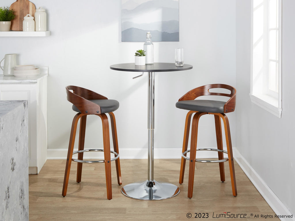 Cassis 30" Fixed-Height Barstool - Set of 2 - Walnut Wood, Grey PU, Chrome Metal