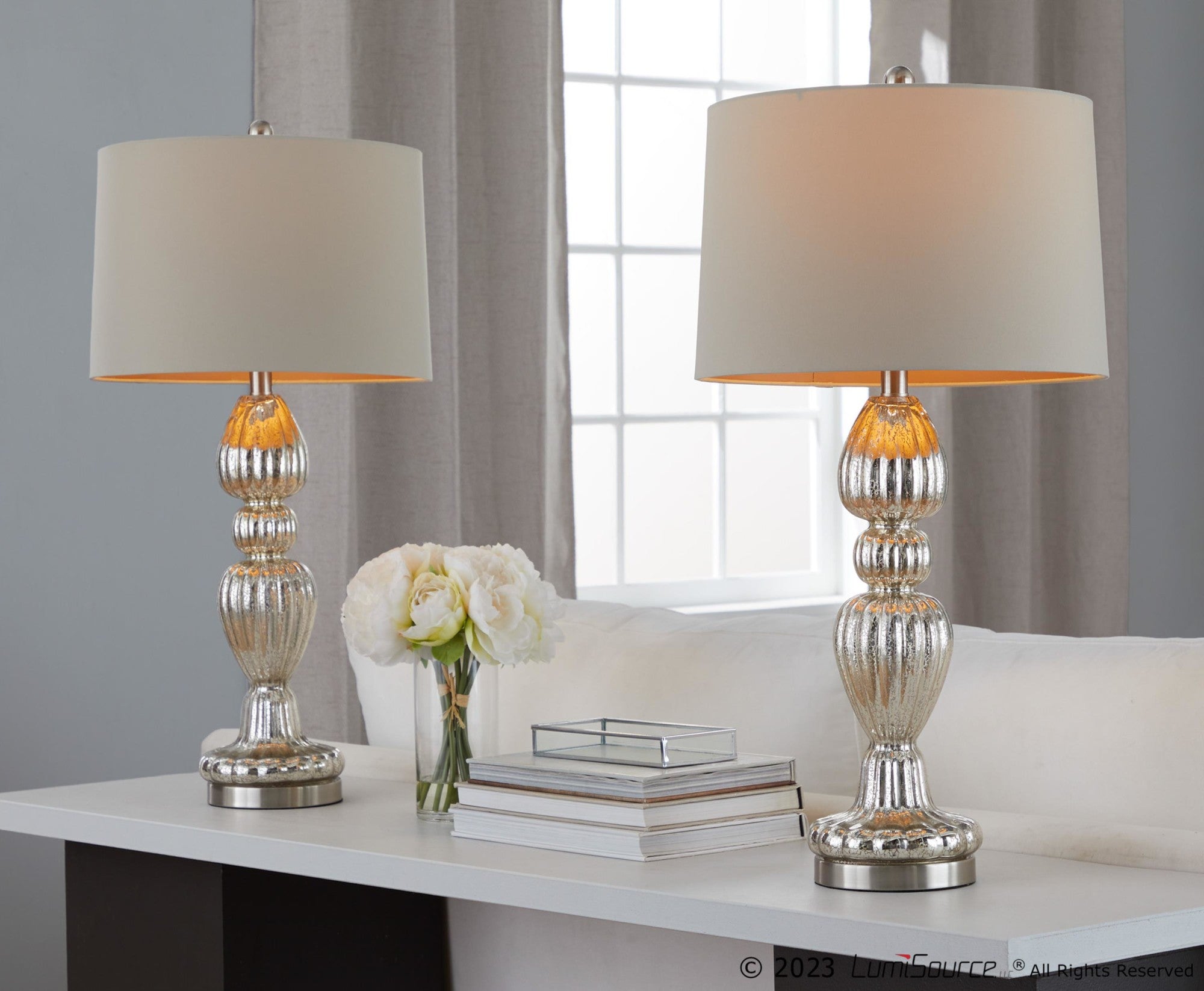 Spade 30" Glass Table Lamp - Set of 2 - Mercury Glass, Brushed Nickel, Natural Linen