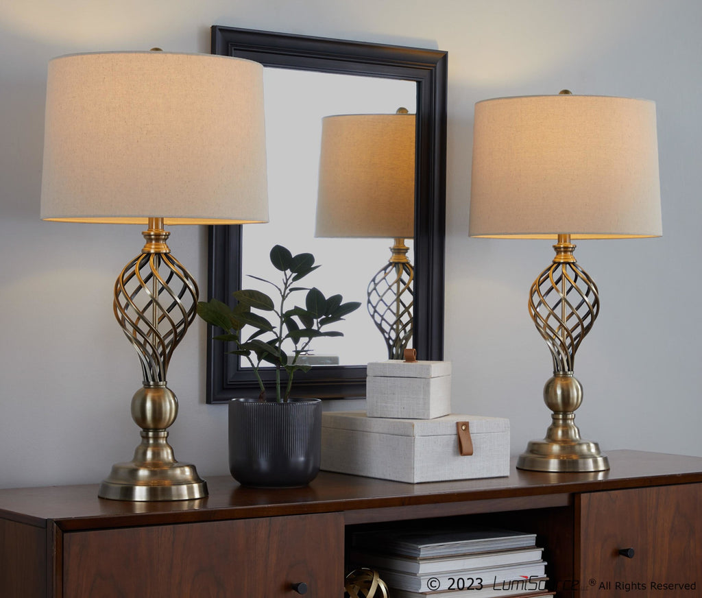 Linx Twist 29" Metal Table Lamp - Set of 2 - Antique Soft Brass, White Linen