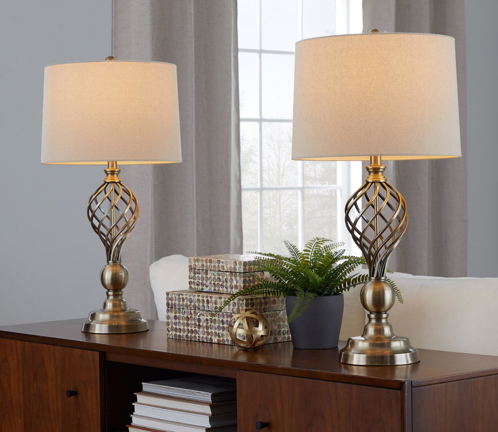 Linx Twist 29" Metal Table Lamp - Set of 2 - Antique Soft Brass, White Linen
