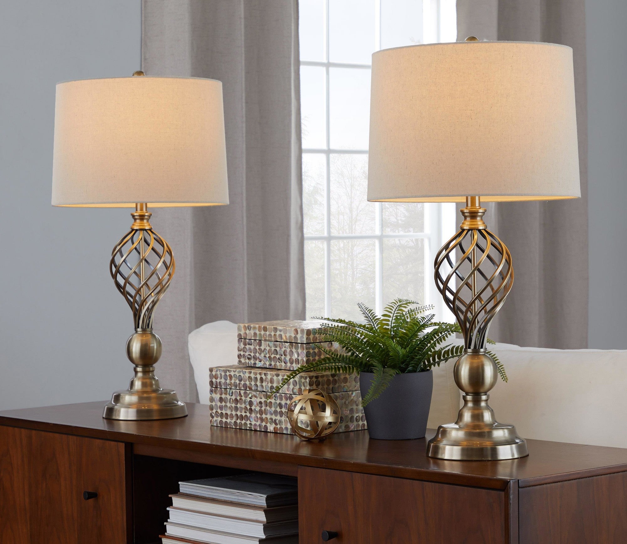 Linx Twist 29" Metal Table Lamp - Set of 2 - Antique Soft Brass, White Linen