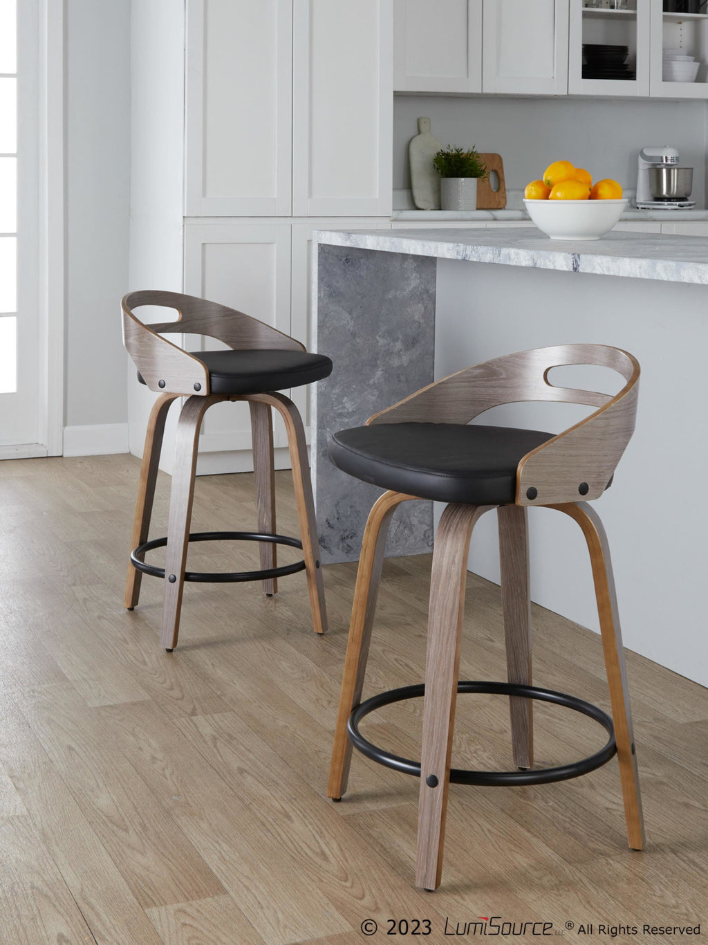 Cassis 24" Fixed-Height Counter Stool - Set of 2 - Light Grey Wood, Black PU, Black Metal