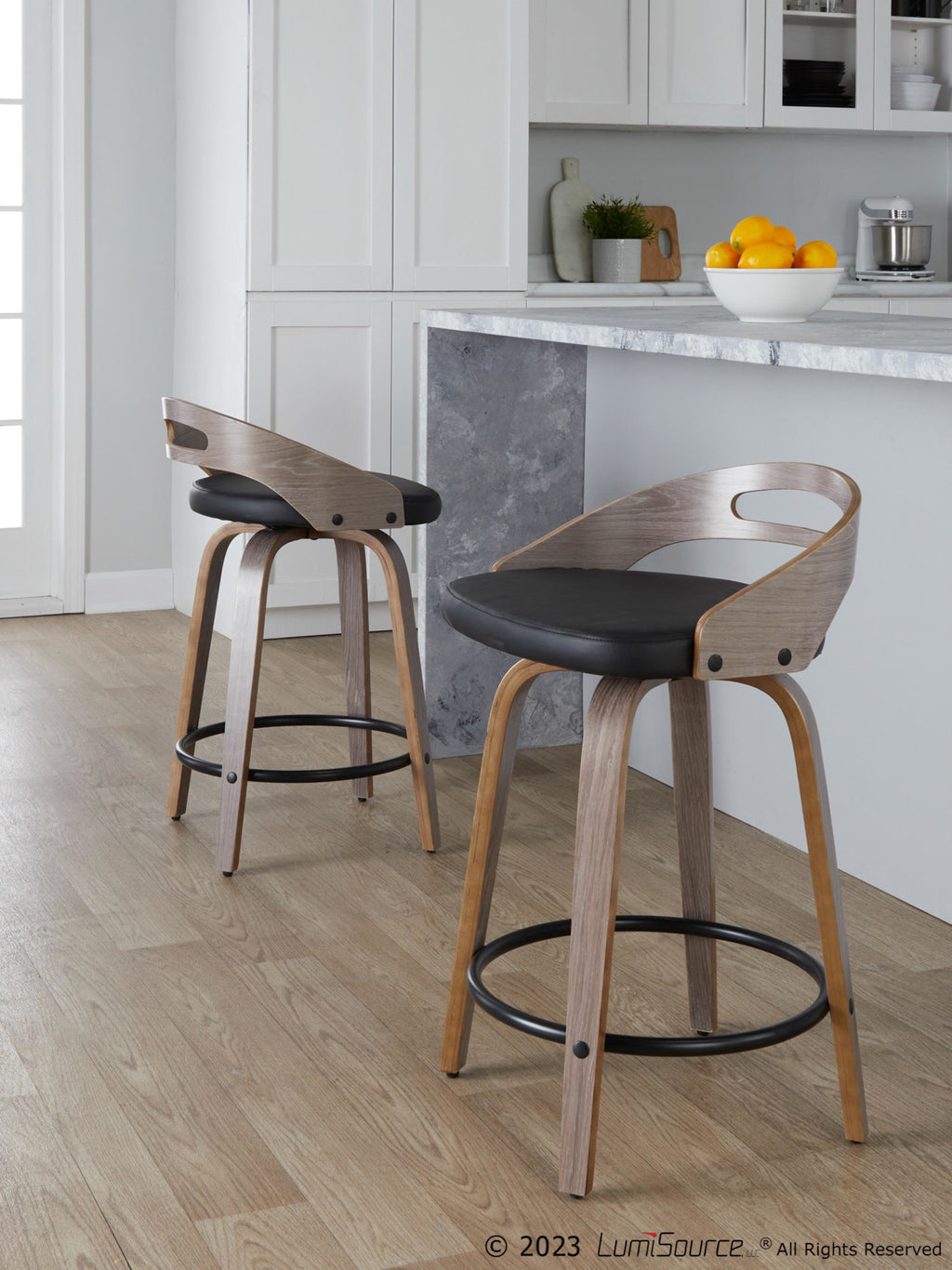 Cassis 24" Fixed-Height Counter Stool - Set of 2 - Light Grey Wood, Black PU, Black Metal