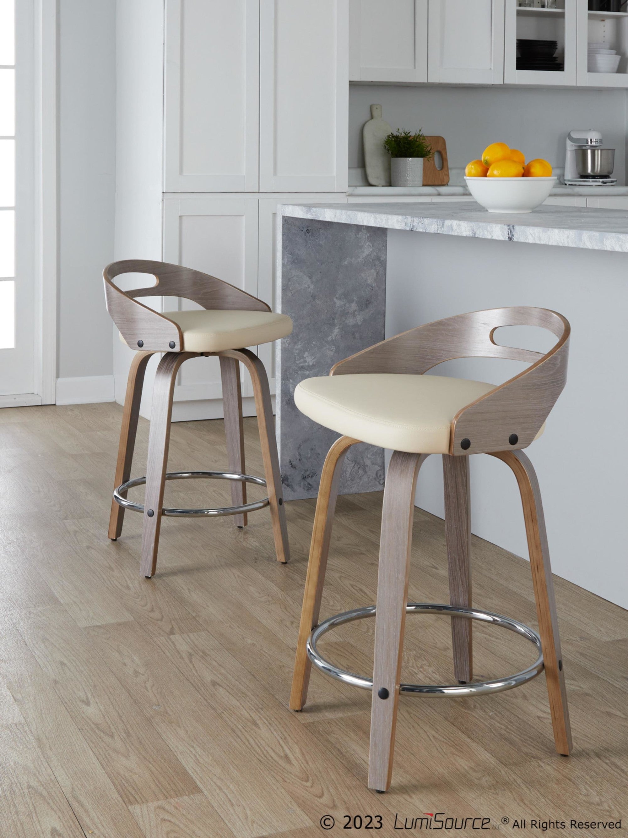 Cassis 24" Fixed-Height Counter Stool - Set of 2 - Light Grey Wood, Cream PU, Chrome Metal