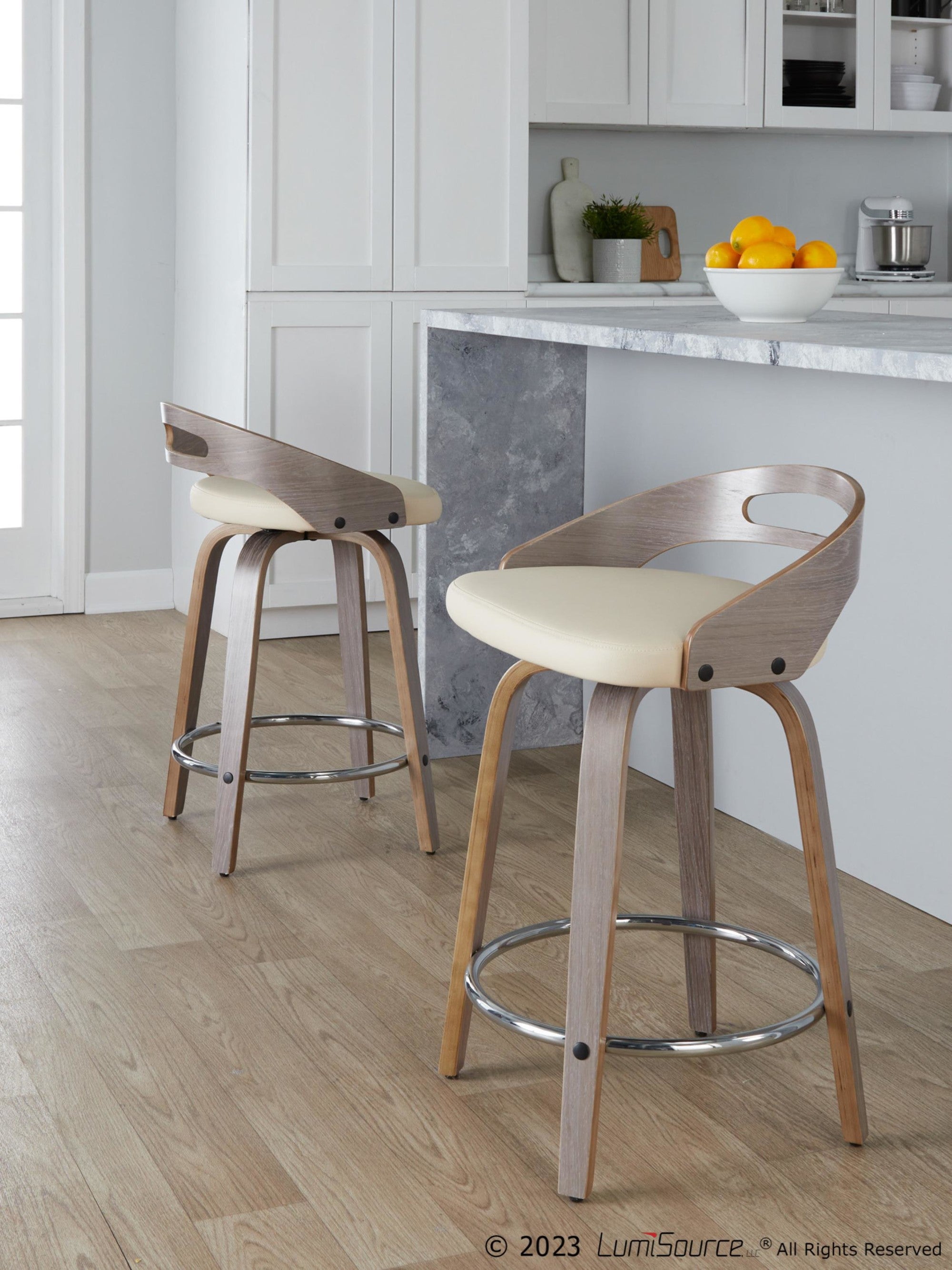 Cassis 24" Fixed-Height Counter Stool - Set of 2 - Light Grey Wood, Cream PU, Chrome Metal