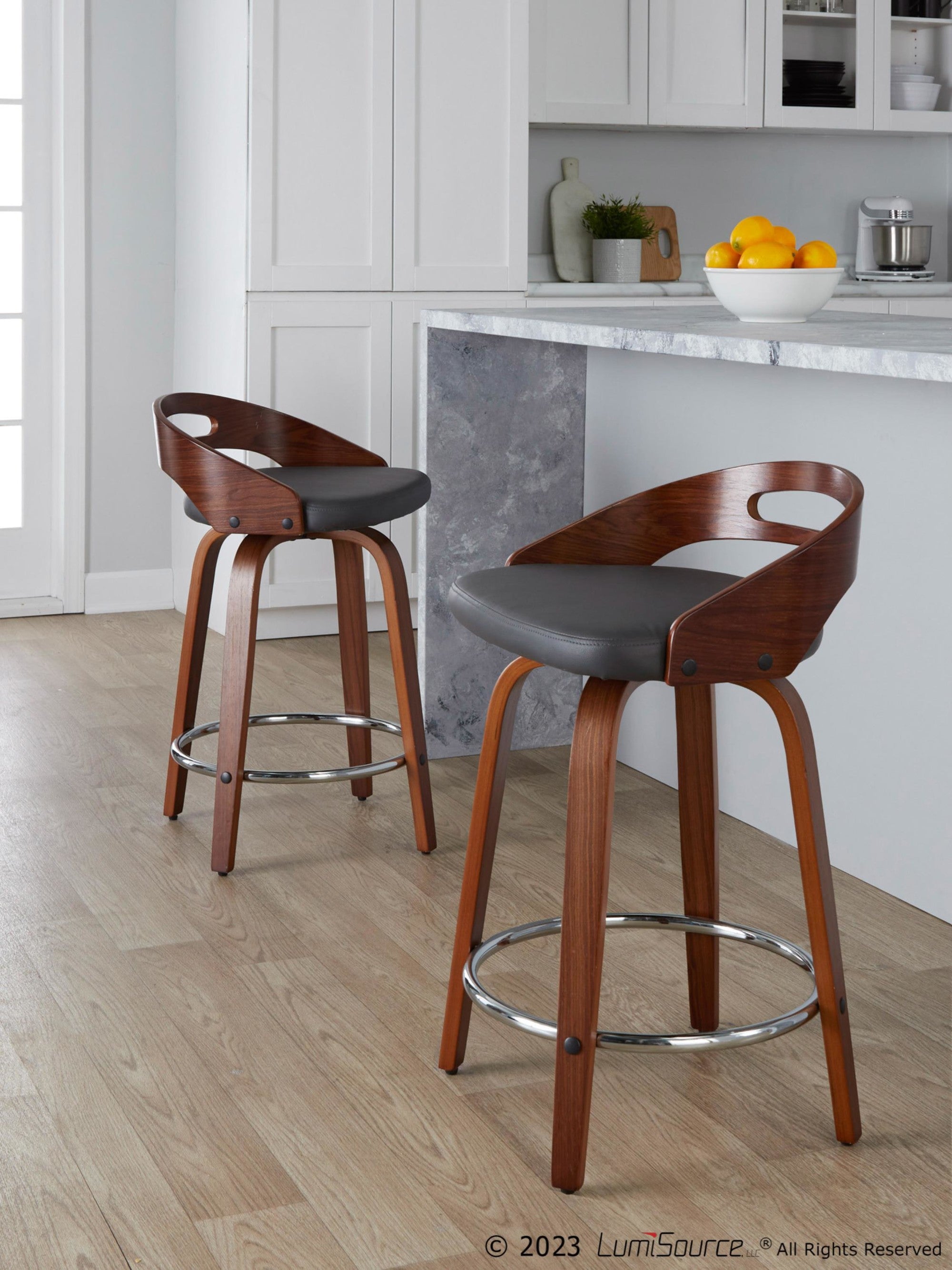 Cassis 24" Fixed-Height Counter Stool - Set of 2 - Walnut Wood, Grey PU, Chrome Metal