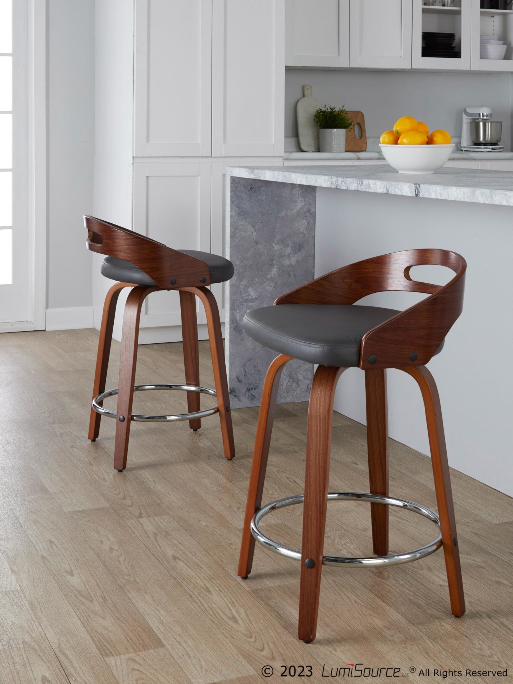 Cassis 24" Fixed-Height Counter Stool - Set of 2 - Walnut Wood, Grey PU, Chrome Metal