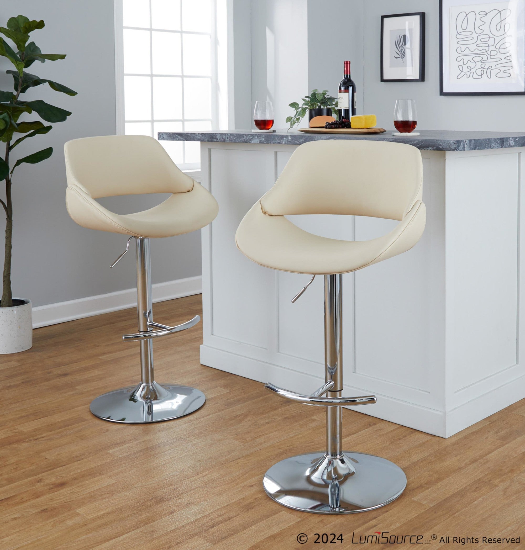 Fabrico Adjustable Barstool - Set of 2 - Chrome, Cream PU