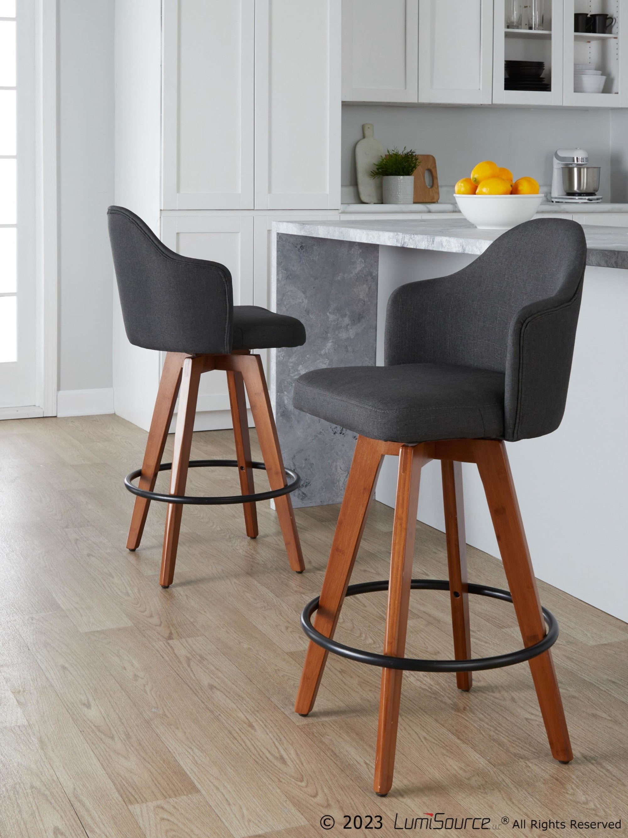 Ahoy 26" Fixed-Height Counter Stool - Set of 2 - Walnut Bamboo, Charcoal Fabric, Black Metal
