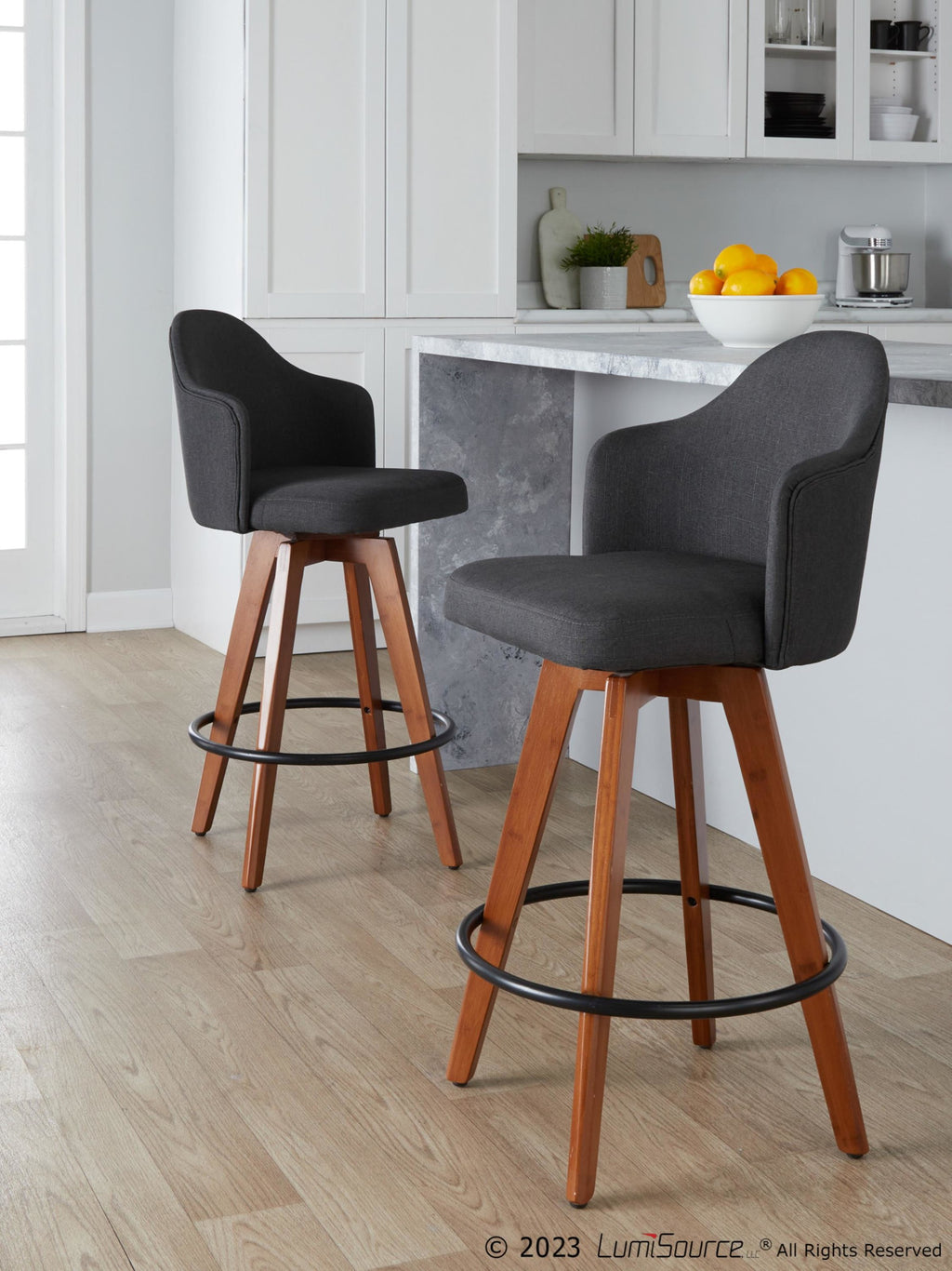 Ahoy 26" Fixed-Height Counter Stool - Set of 2 - Walnut Bamboo, Charcoal Fabric, Black Metal