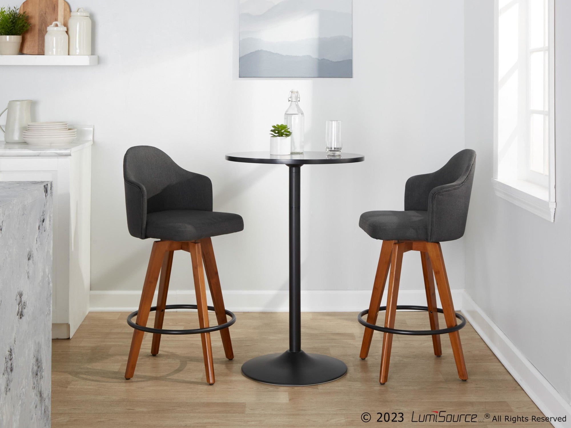 Ahoy 26" Fixed-Height Counter Stool - Set of 2 - Walnut Bamboo, Charcoal Fabric, Black Metal