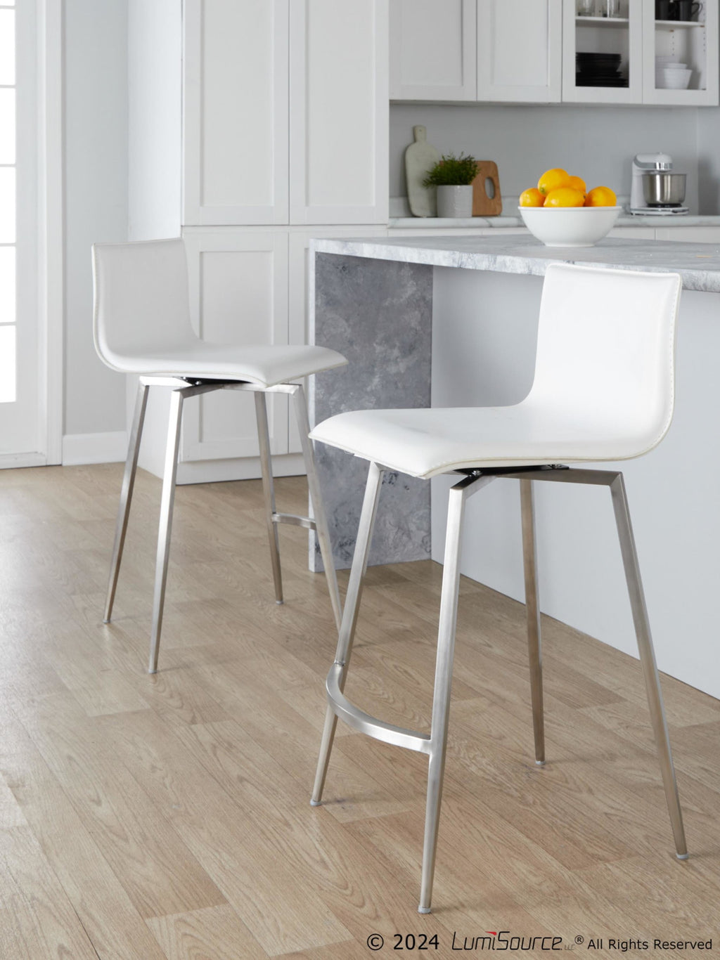 Mara Upholstered 26" Fixed-Height Counter Stool - Set of 2 - Stainless Steel, White PU