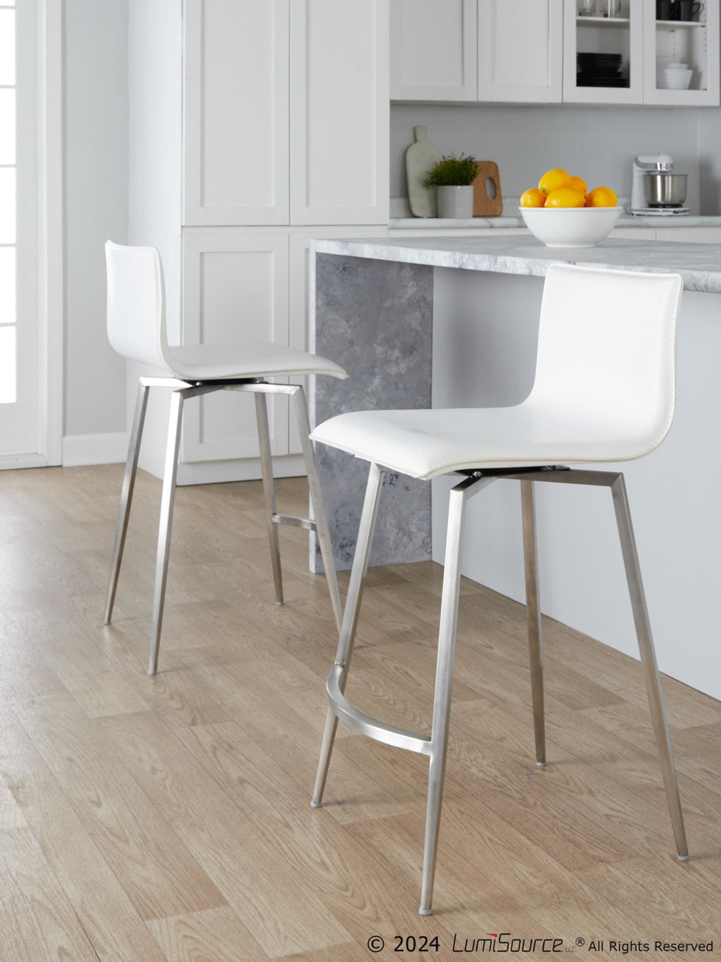 Mara Upholstered 26" Fixed-Height Counter Stool - Set of 2 - Stainless Steel, White PU