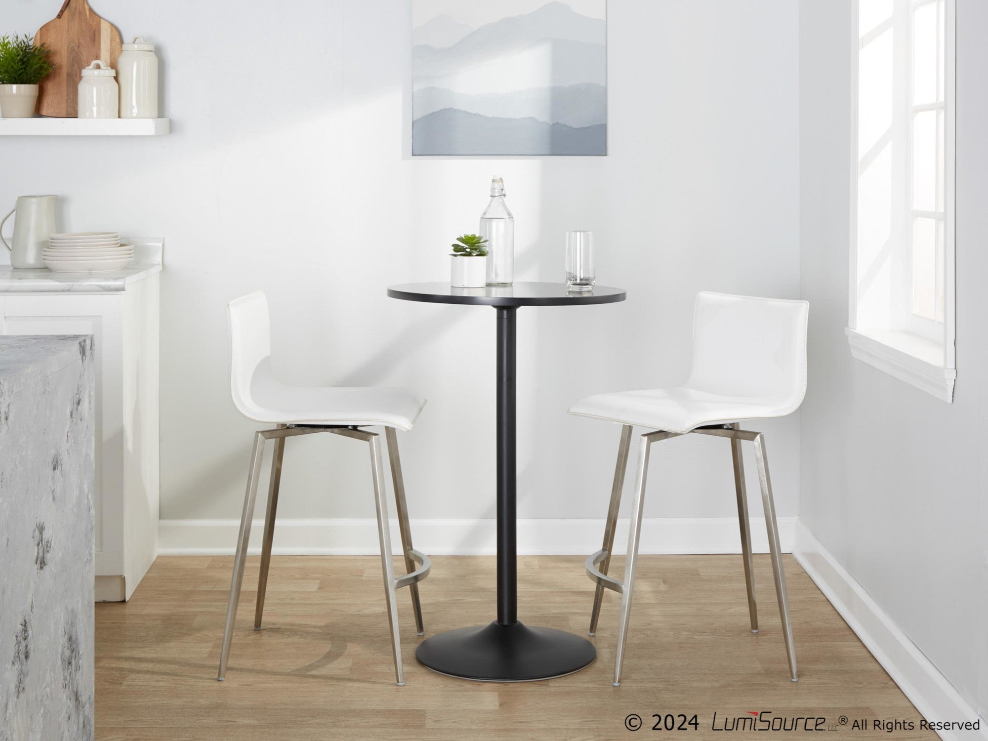 Mara Upholstered 26" Fixed-Height Counter Stool - Set of 2 - Stainless Steel, White PU