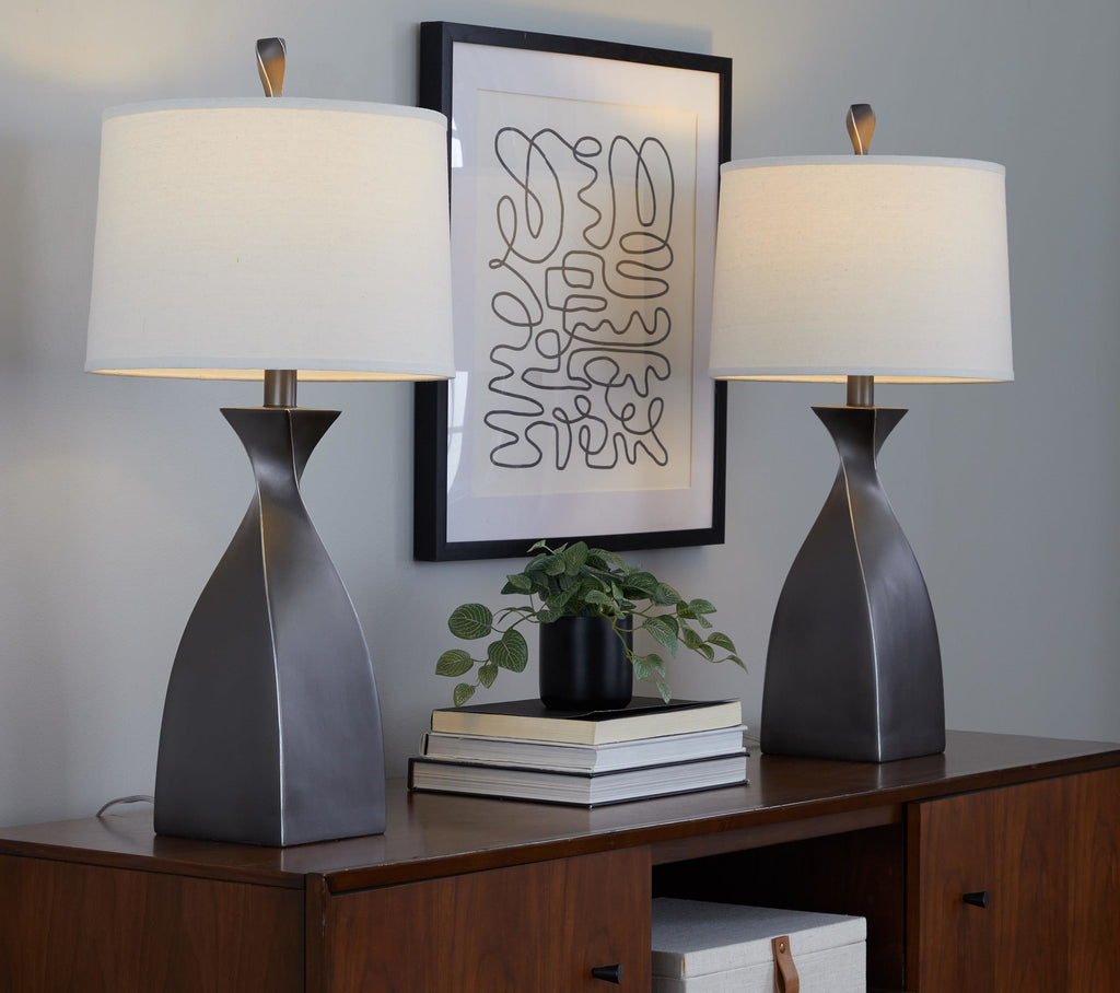 Curvo 30" Polyresin Table Lamp - Set of 2 - Rubbed Grey Slate Polyresin, White Linen