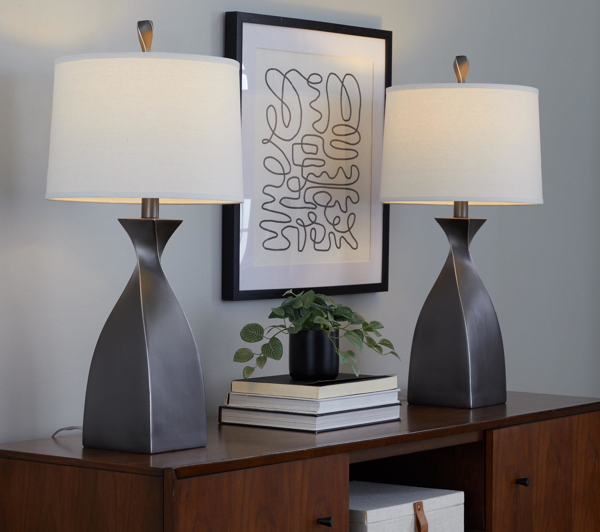 Curvo 30" Polyresin Table Lamp - Set of 2 - Rubbed Grey Slate Polyresin, White Linen