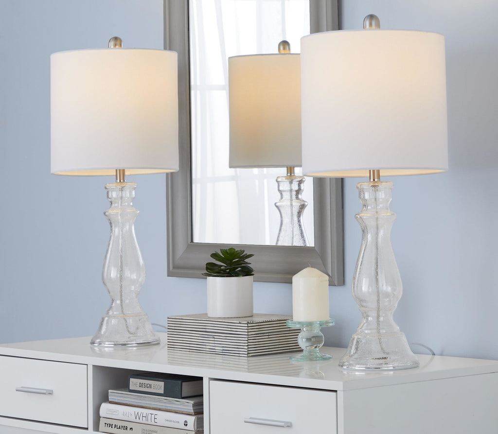Bishop 24" Glass Table Lamp - Set of 2 - Clear Seeded Glass, Brushed Nickel, White Linen