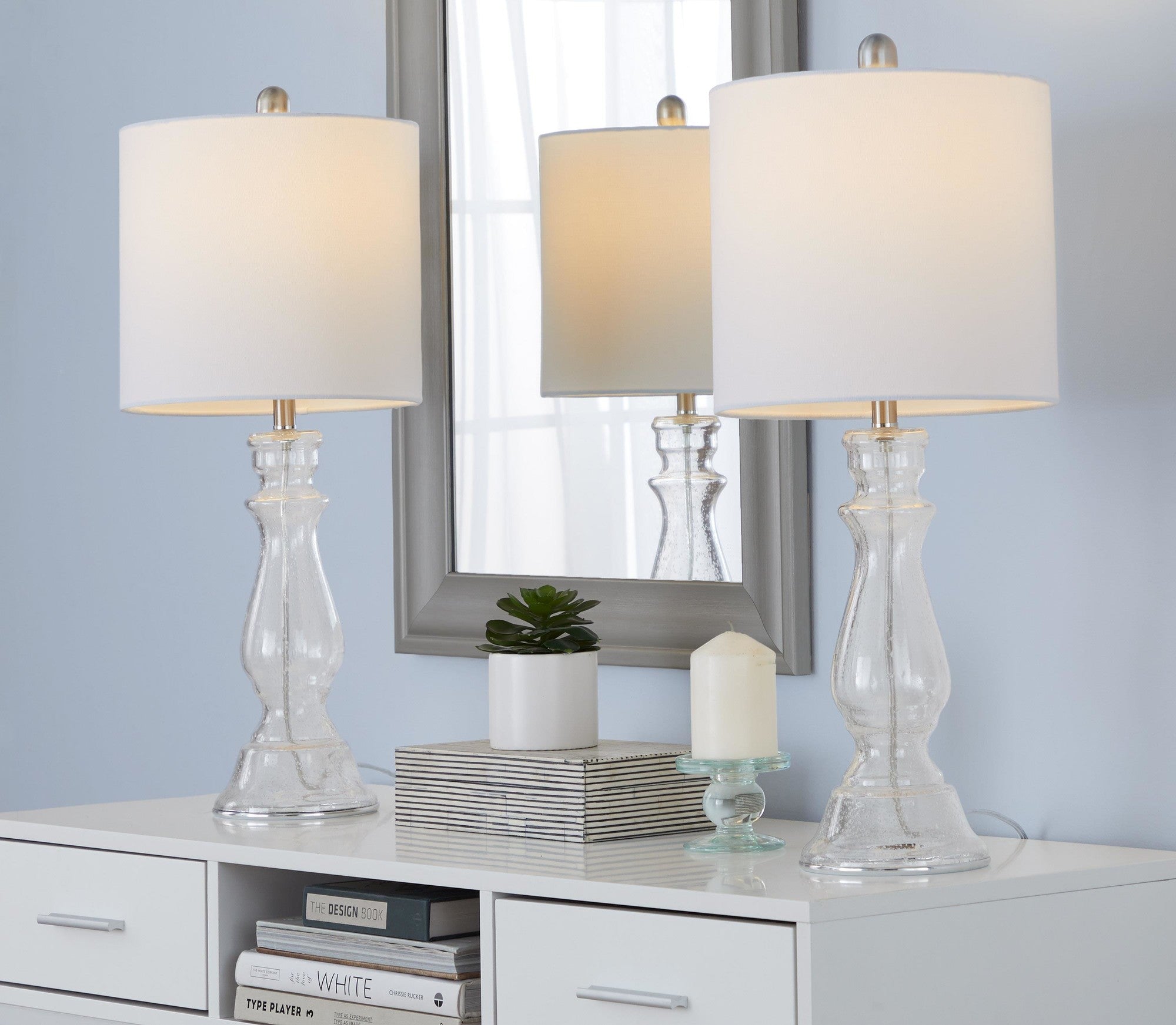 Bishop 24" Glass Table Lamp - Set of 2 - Clear Seeded Glass, Brushed Nickel, White Linen