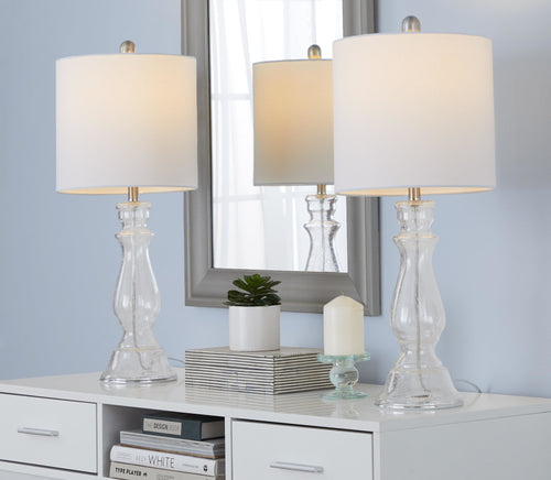 Bishop 24" Glass Table Lamp - Set of 2 - Clear Seeded Glass, Brushed Nickel, White Linen