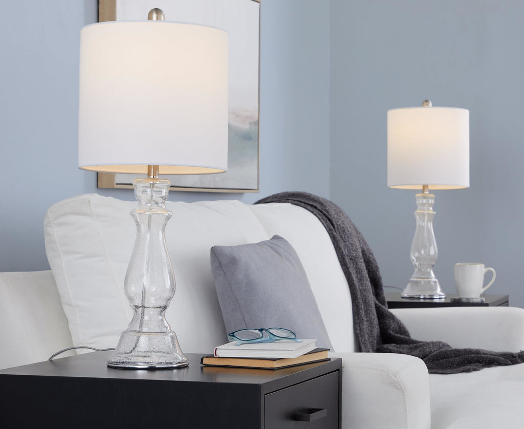 Bishop 24" Glass Table Lamp - Set of 2 - Clear Seeded Glass, Brushed Nickel, White Linen