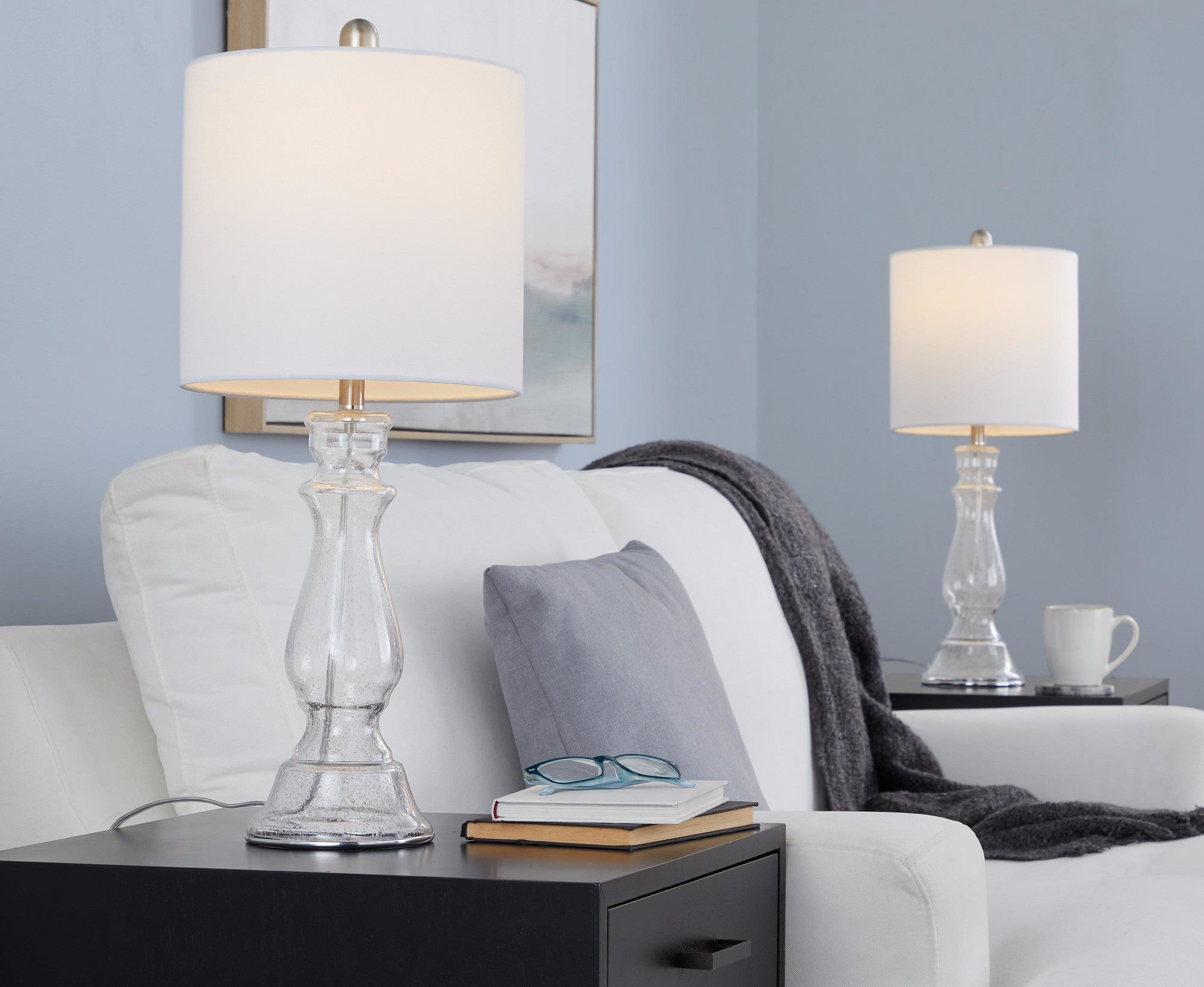 Bishop 24" Glass Table Lamp - Set of 2 - Clear Seeded Glass, Brushed Nickel, White Linen