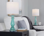 Bishop 25" Glass Table Lamp - Set of 2 - Clear Angel Blue Seeded Glass, Polished Nickel, White Linen