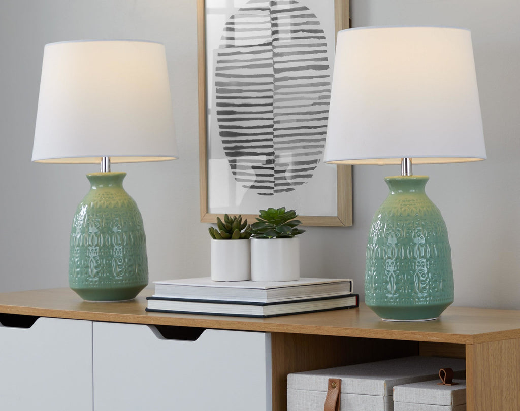 Claudia 20" Ceramic Accent Lamp - Set of 2 - Sage Green Ceramic, Polished Nickel, White Linen