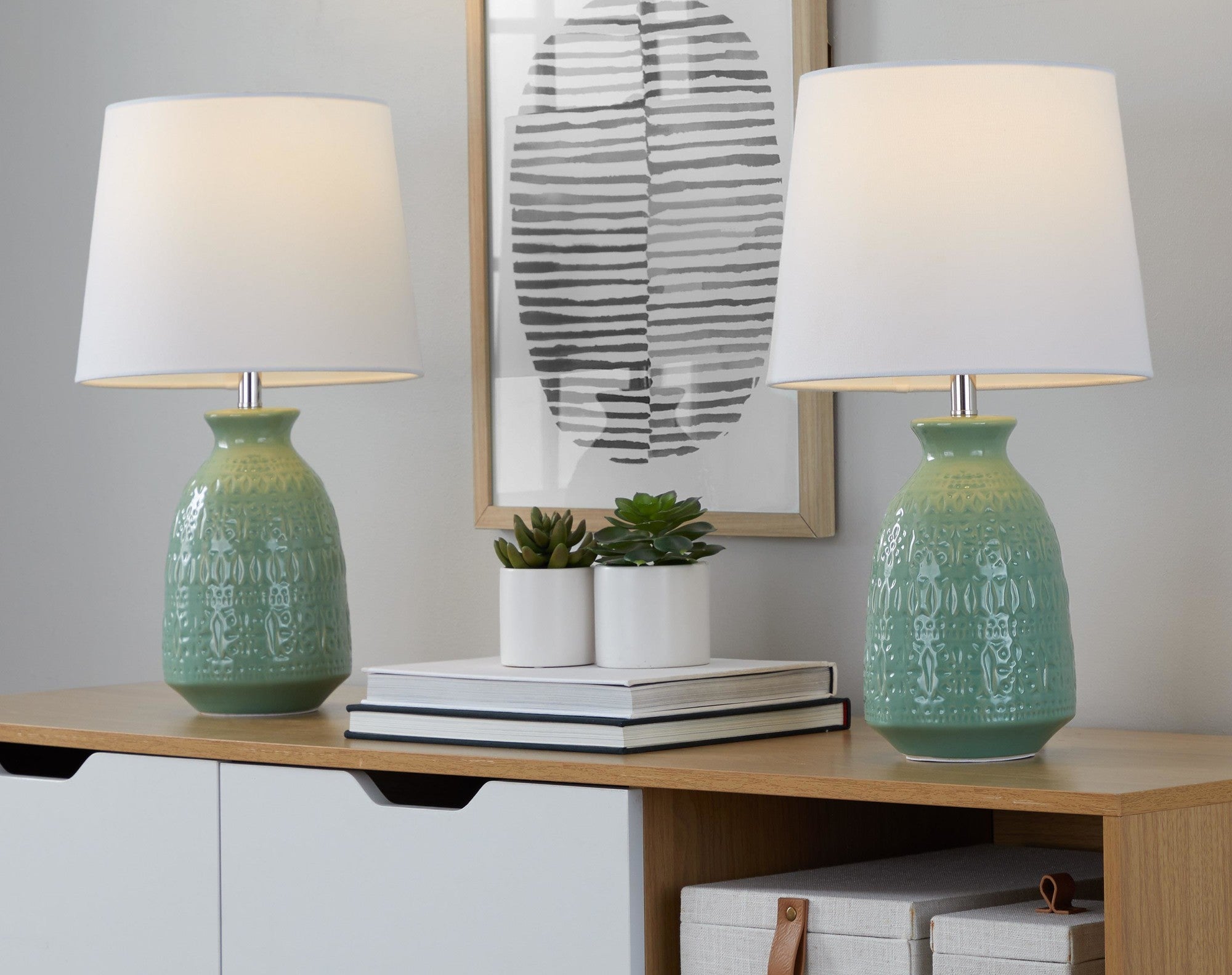Claudia 20" Ceramic Accent Lamp - Set of 2 - Sage Green Ceramic, Polished Nickel, White Linen