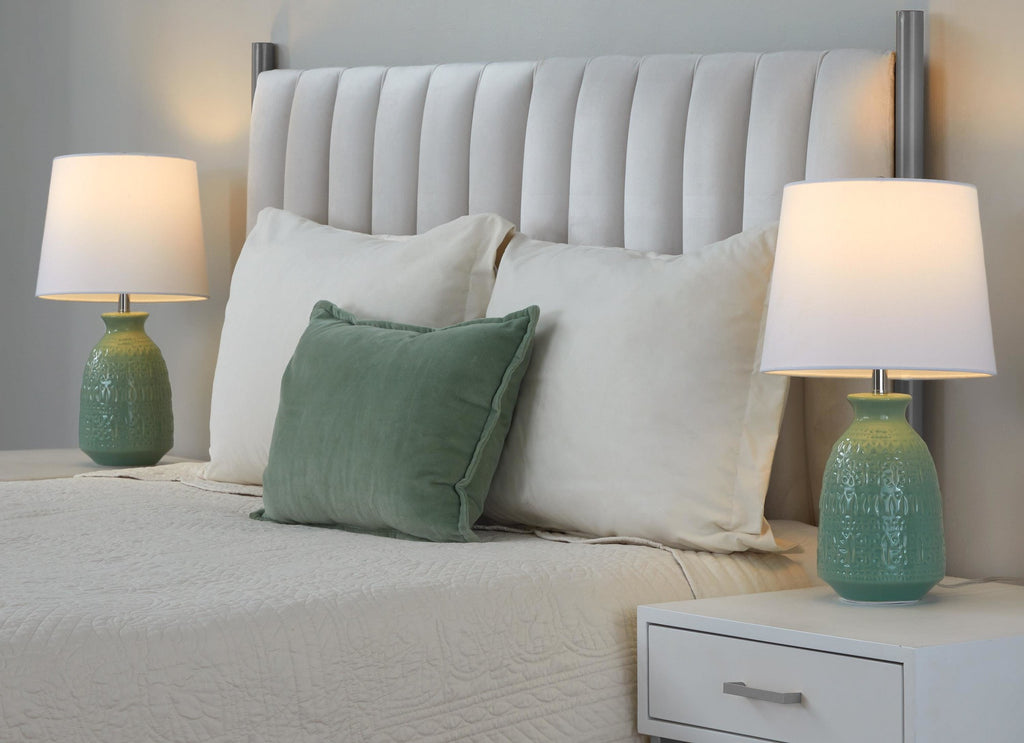 Claudia 20" Ceramic Accent Lamp - Set of 2 - Sage Green Ceramic, Polished Nickel, White Linen