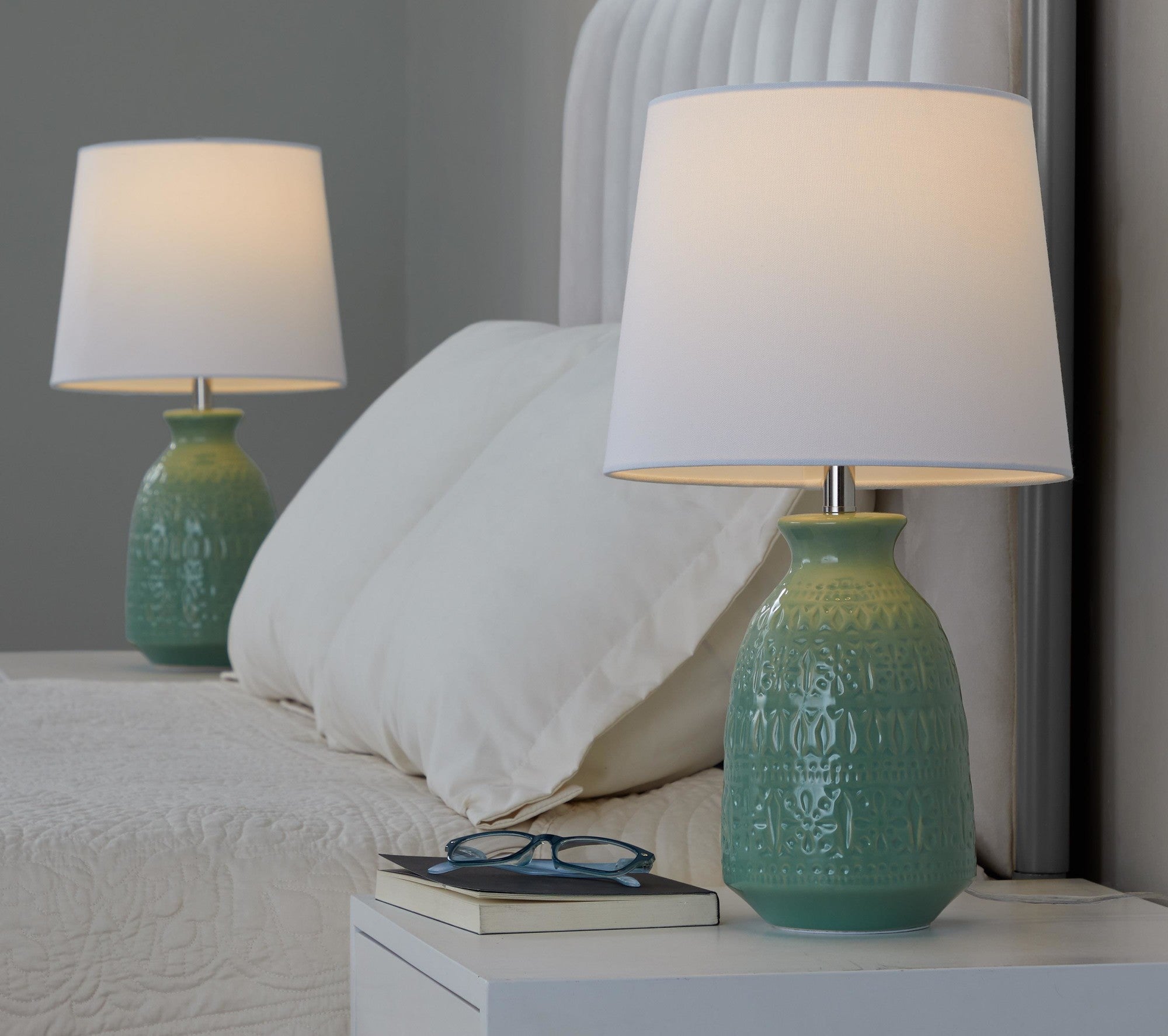 Claudia 20" Ceramic Accent Lamp - Set of 2 - Sage Green Ceramic, Polished Nickel, White Linen