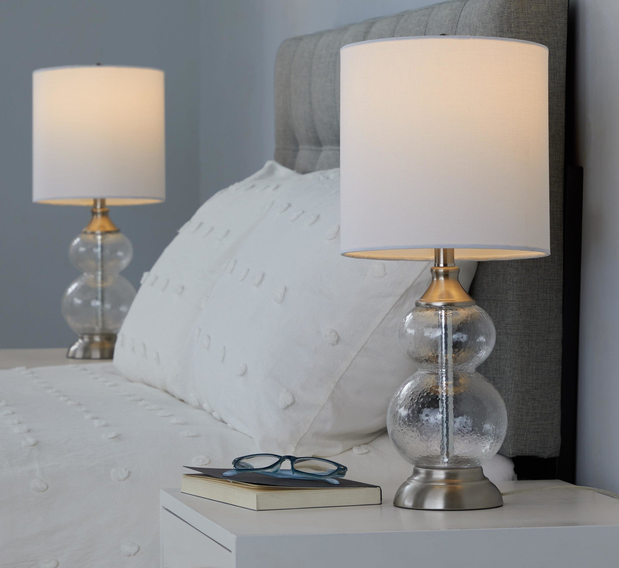 Belle 20" Glass Accent Lamp - Set of 2 - Clear Wrinkle Glass, Brushed Nickel, White Linen