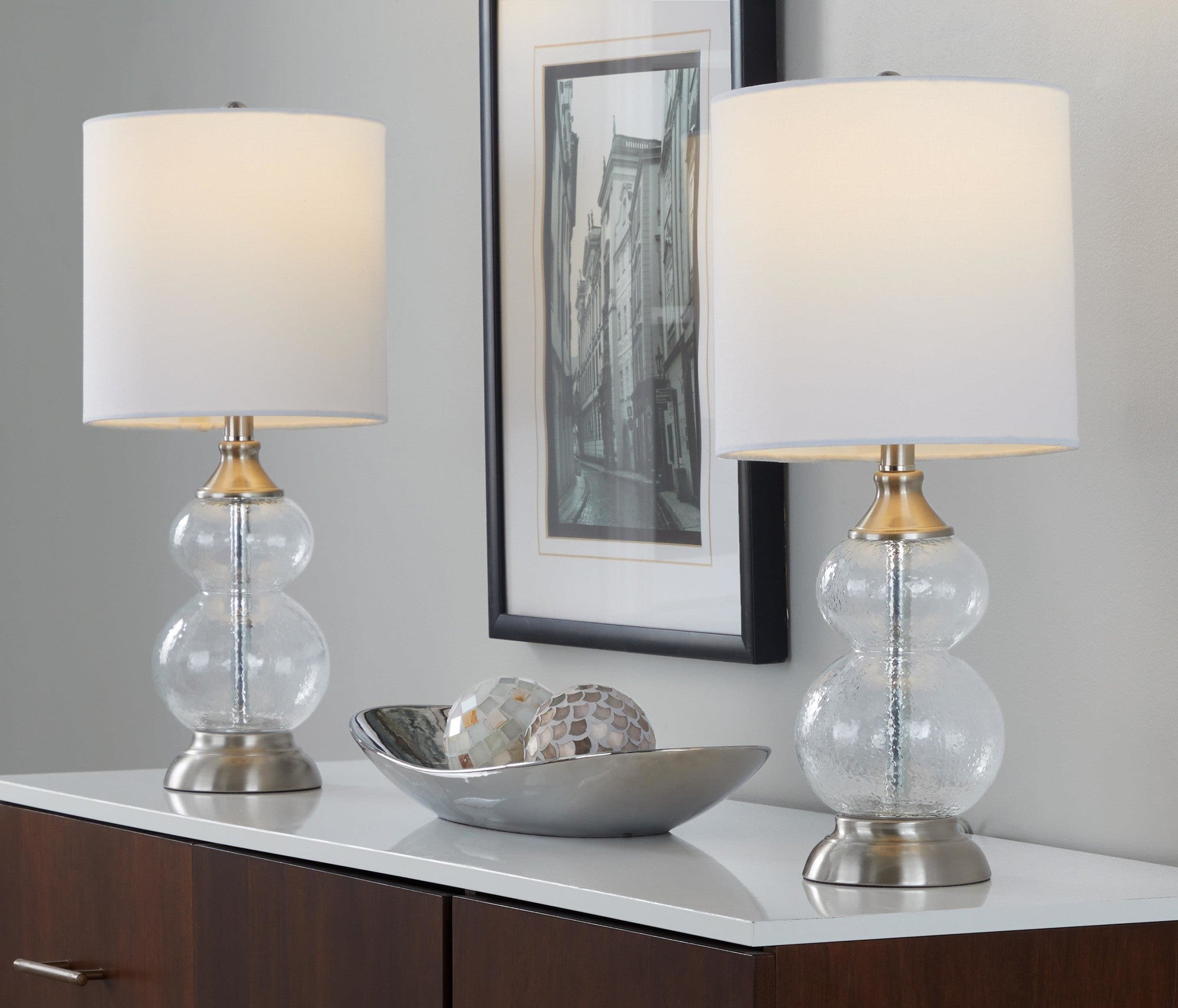 Belle 20" Glass Accent Lamp - Set of 2 - Clear Wrinkle Glass, Brushed Nickel, White Linen
