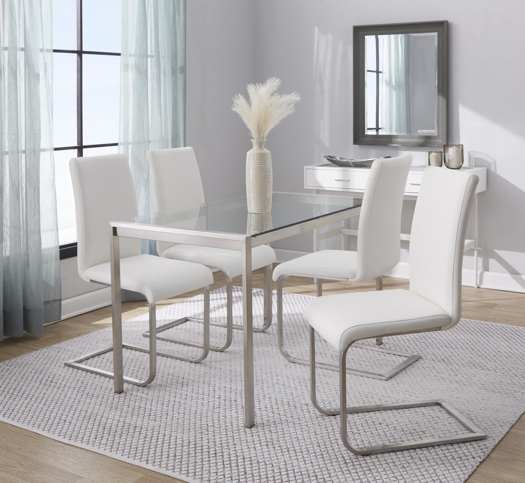 Fuji-foster Dining Set - 5 Piece - Brushed Stainless Steel, Clear Glass, White PU