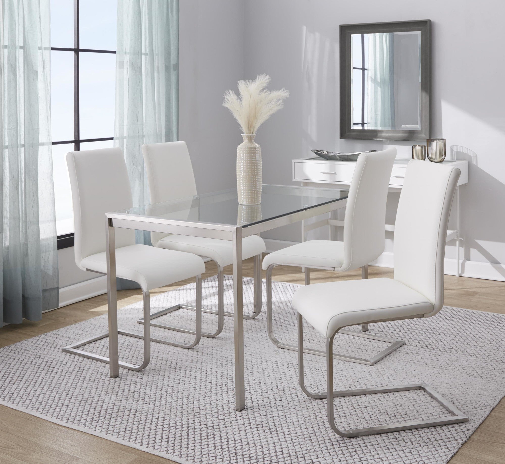 Fuji-foster Dining Set - 5 Piece - Brushed Stainless Steel, Clear Glass, White PU