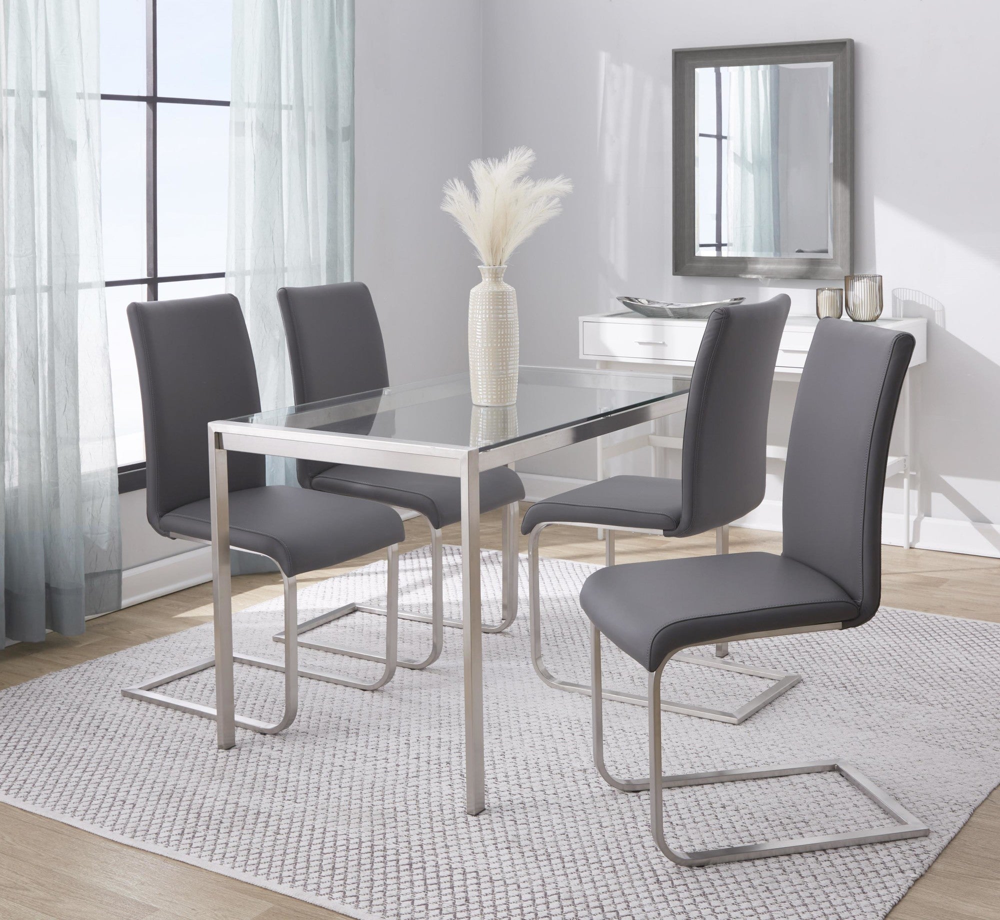 Fuji-foster Dining Set - 5 Piece - Brushed Stainless Steel, Clear Glass, Grey PU