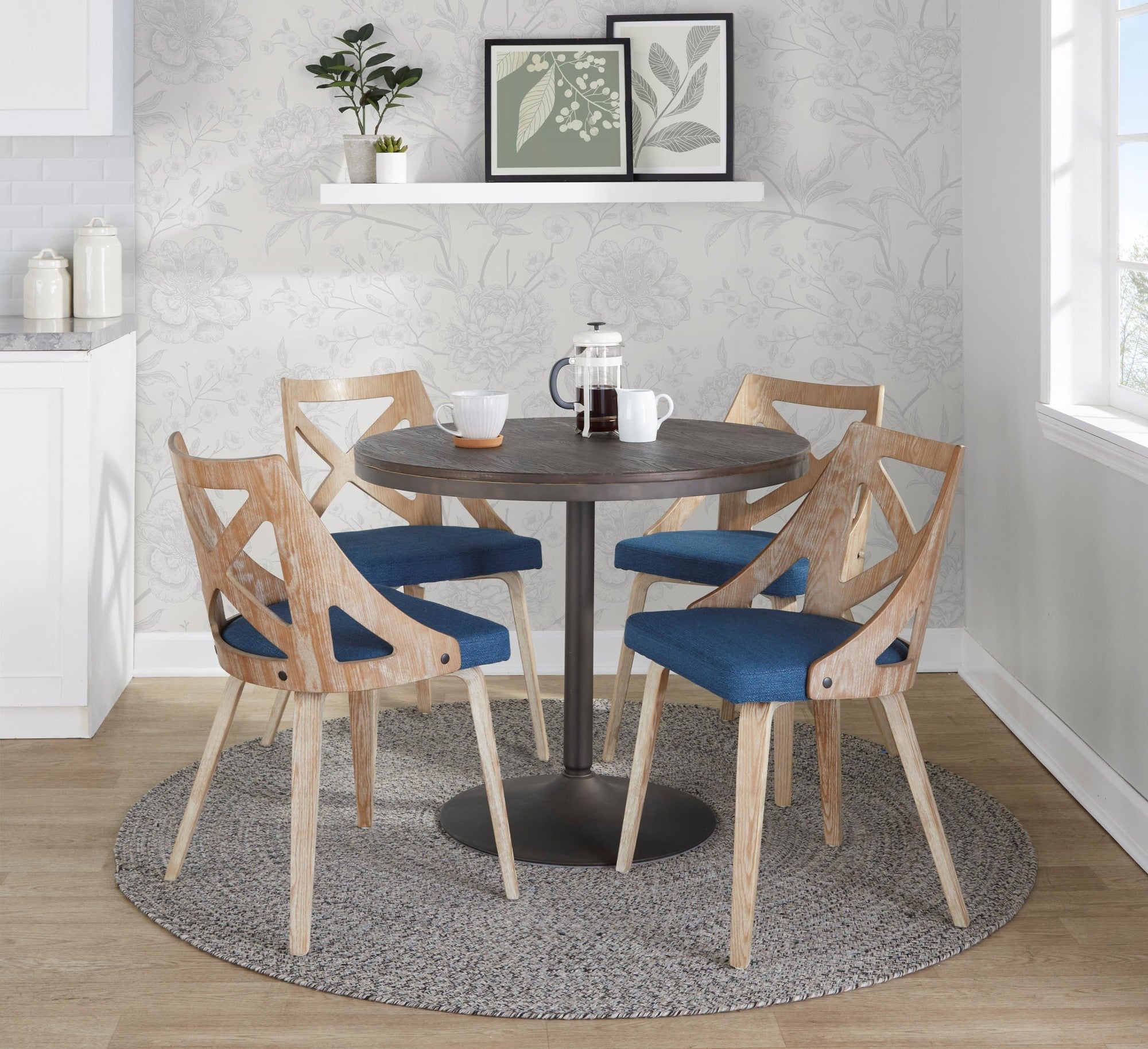 Dakota-charlotte Dining Set - 5 Piece - Antique Metal, Espresso Bamboo, Blue Fabric, Whitewashed Wood
