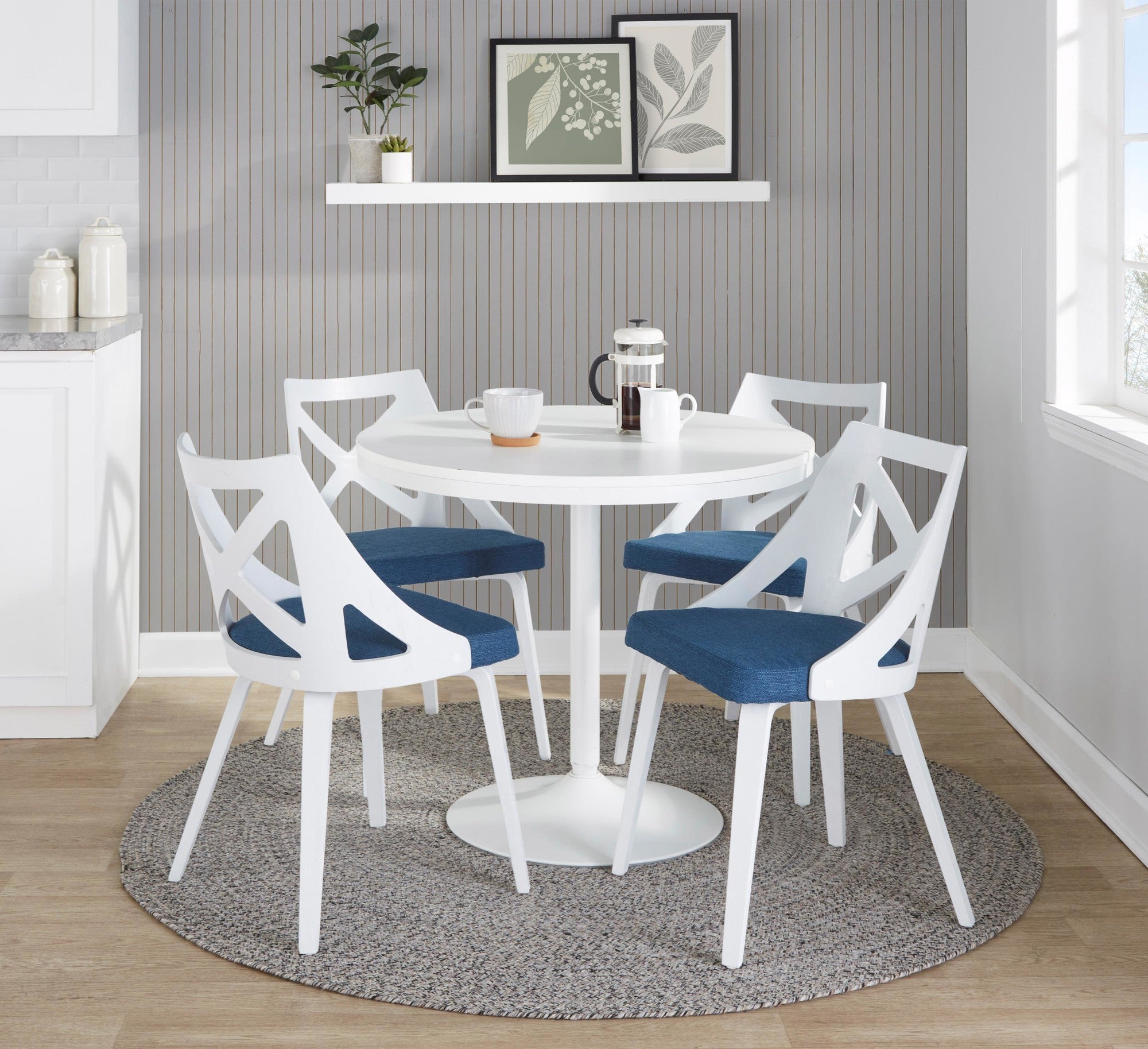 Dakota-charlotte Dining Set - 5 Piece - White Steel, White Wood, Blue Fabric, White Textured Wood