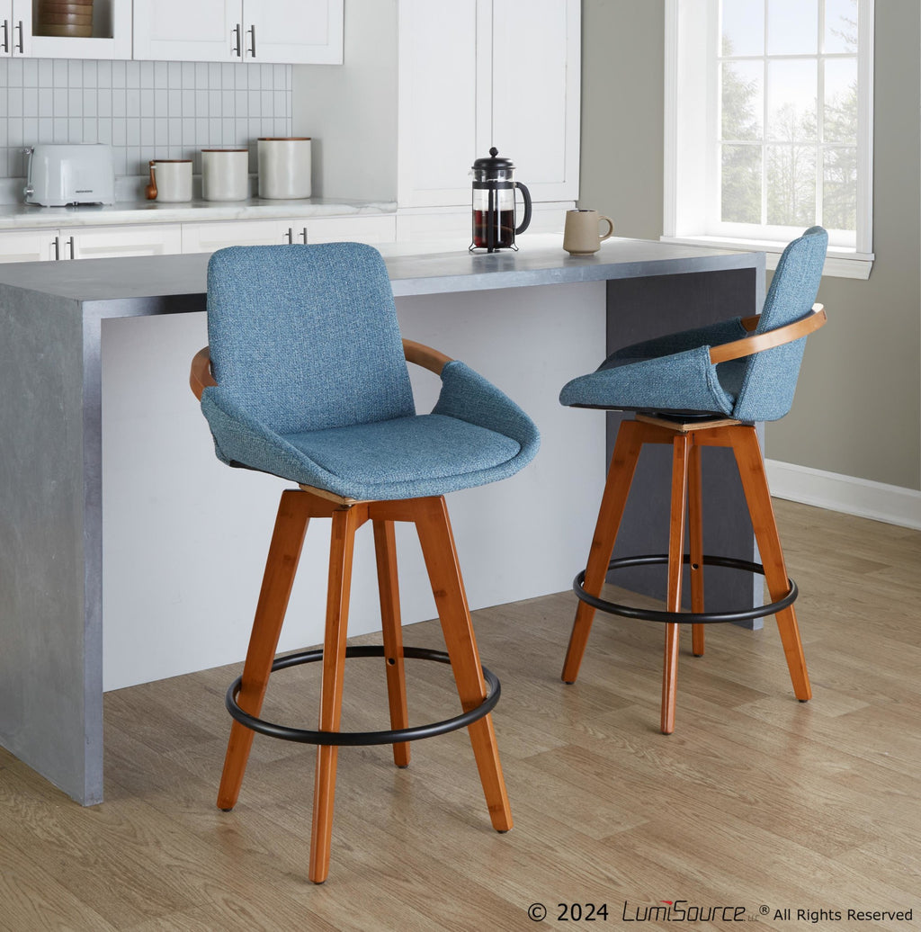 Cosmo 26" Fixed-Height Counter Stool - Walnut Bamboo, Blue Noise Fabric, Black Metal